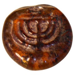 Late Roman/Byzantine Jewish Amber Color Glass Amulet with Menorah