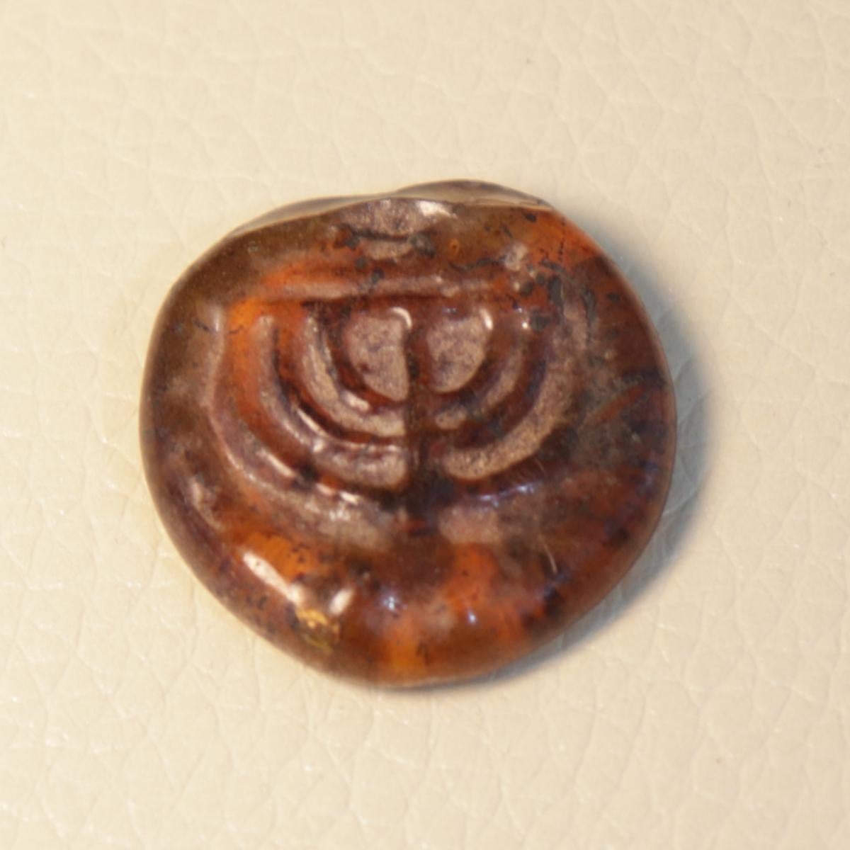 18th Century and Earlier Late Roman/Byzantine Jewish Amber Color Glass Amulet with Menorah For Sale