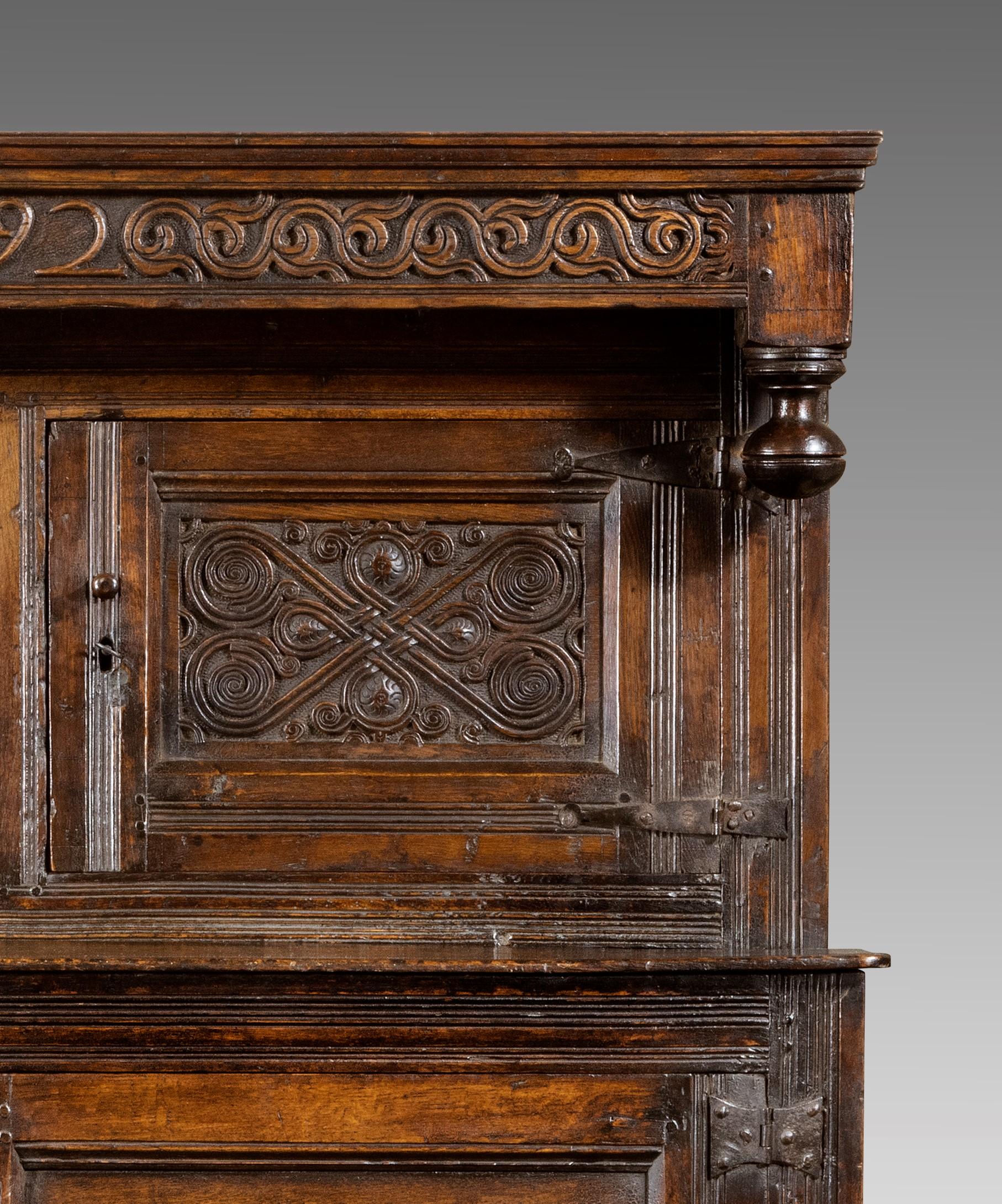English Late 17th Century William and Mary Westmorland Carved Oak Court Cupboard