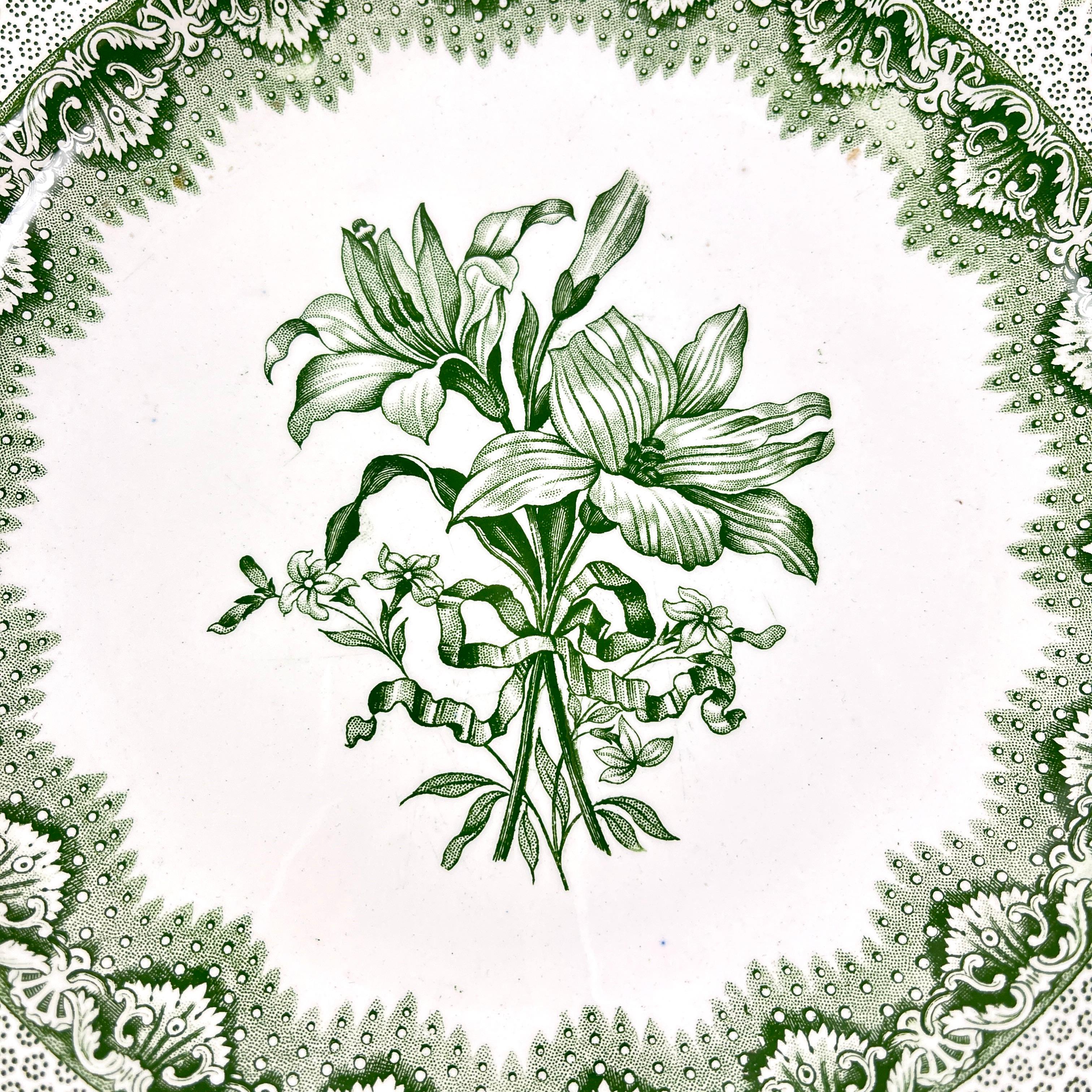 English Late Spode Copeland Garrett Green Lily Dinner Plates 1830s, Set of 6   For Sale