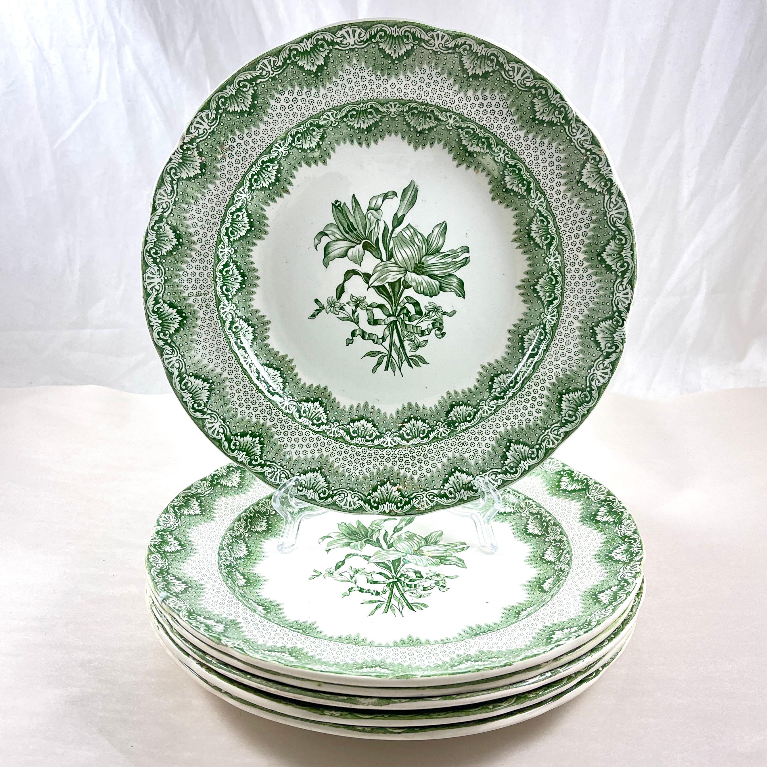 Glazed Late Spode Copeland Garrett Green Lily Dinner Plates 1830s, Set of 6   For Sale