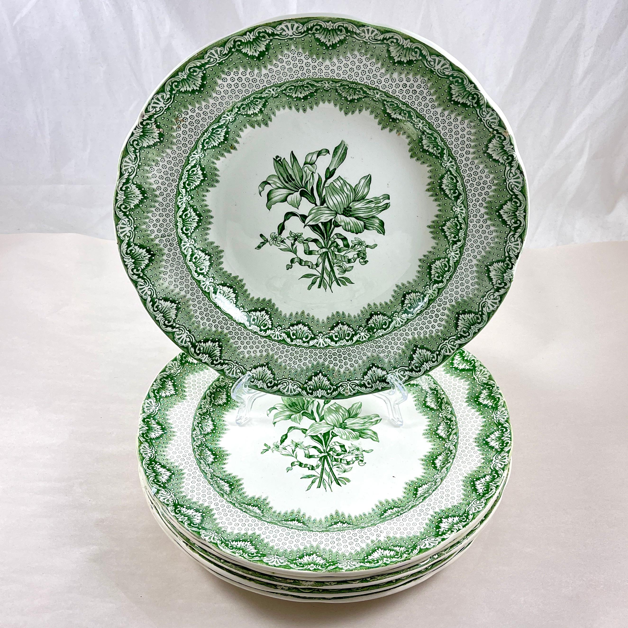 Late Spode Copeland Garrett Green Lily Dinner Plates 1830s, Set of 6   In Good Condition For Sale In Philadelphia, PA