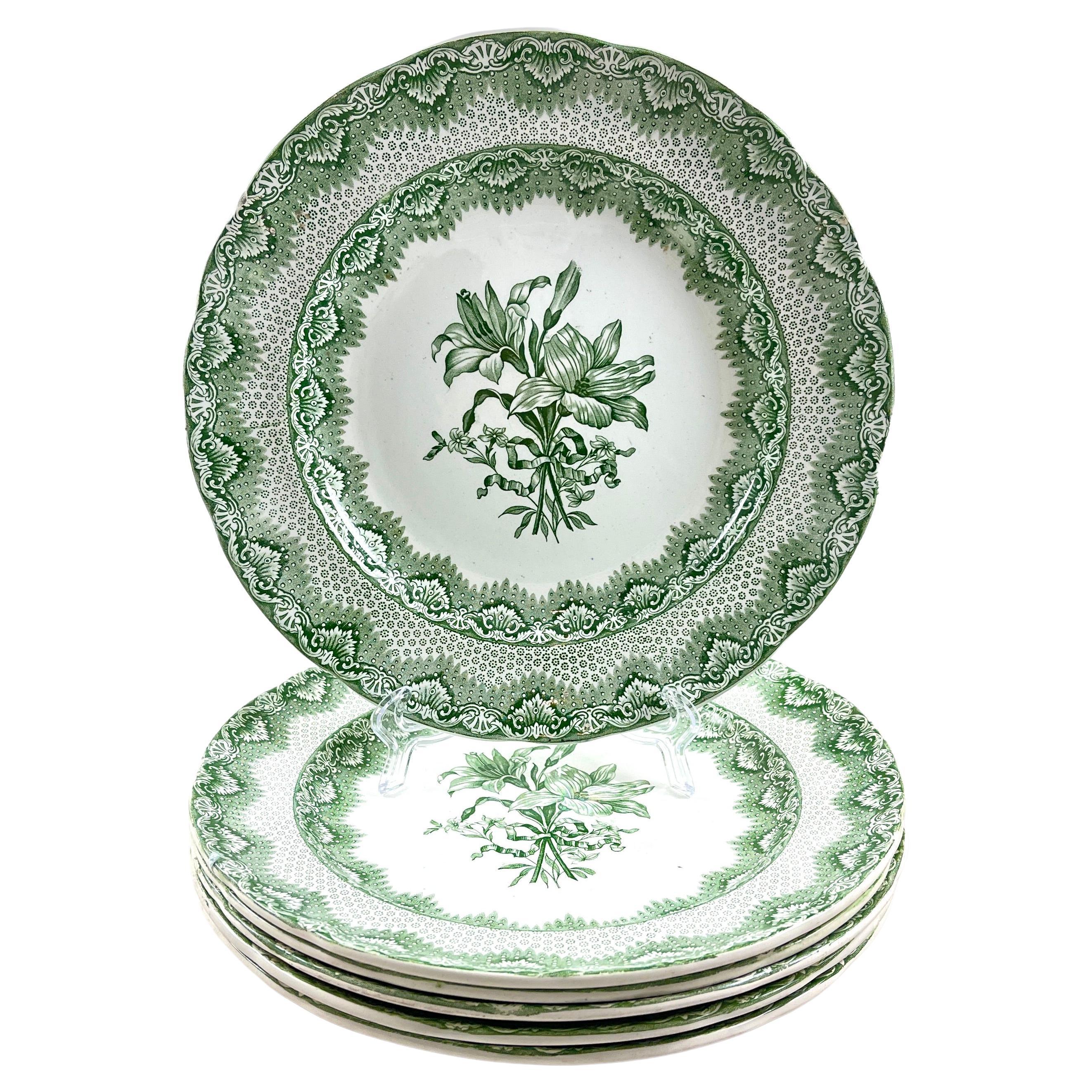 Late Spode Copeland Garrett Green Lily Dinner Plates 1830s, Set of 6  