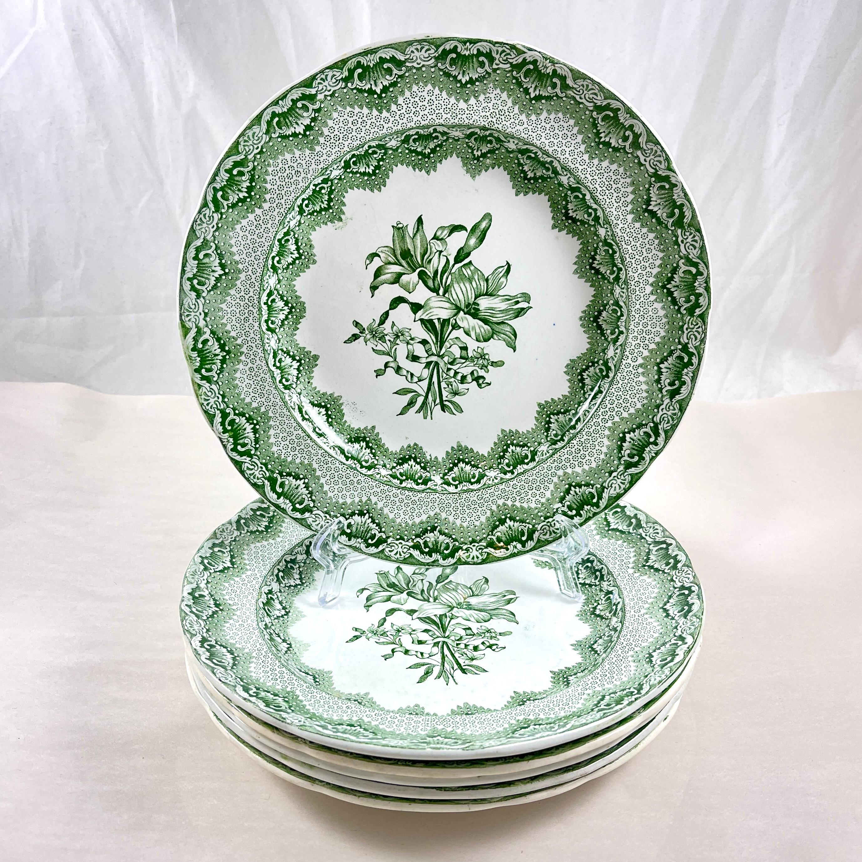 High Victorian Late Spode Copeland Garrett Green Lily Luncheon Plates 1830s, Set of 6   For Sale