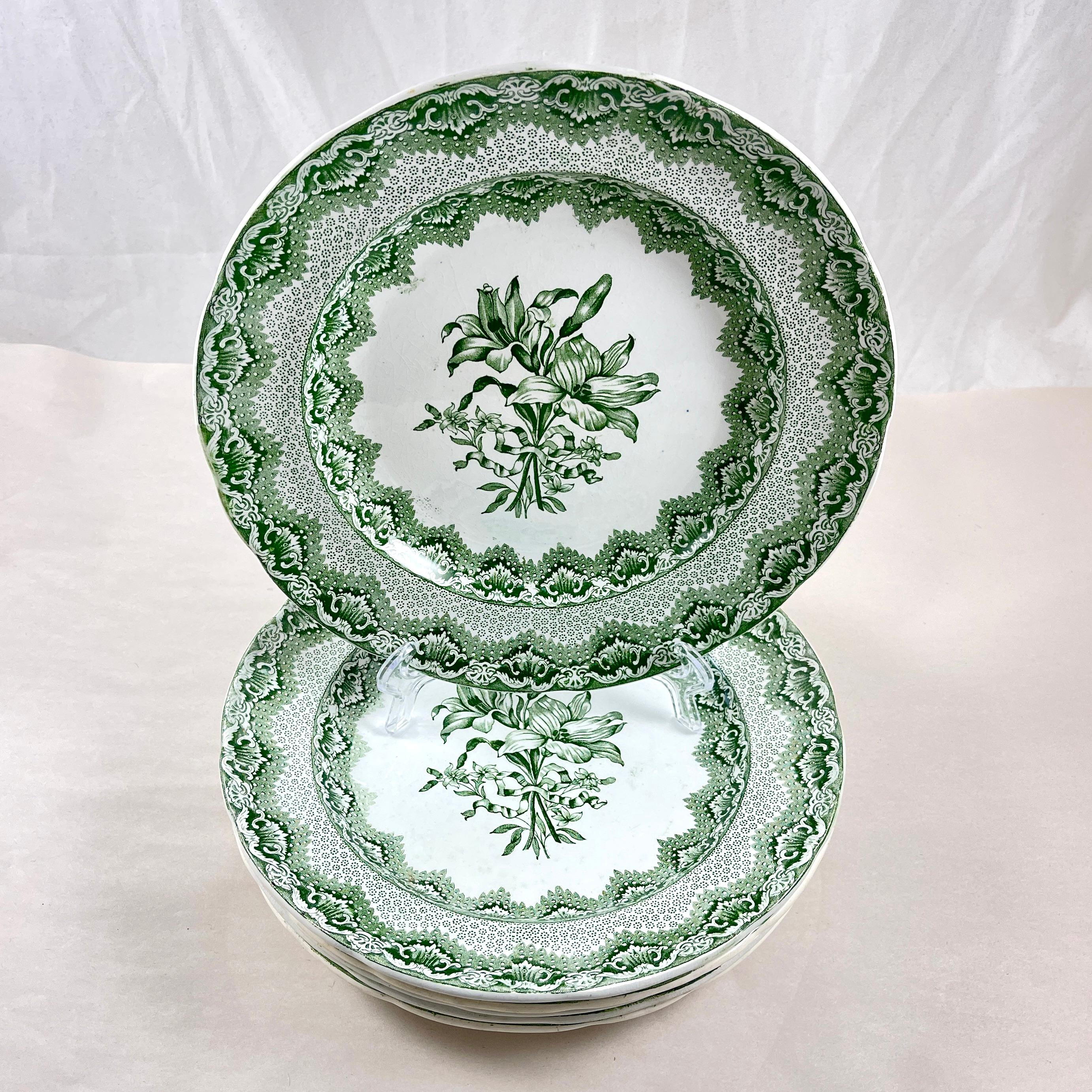 English Late Spode Copeland Garrett Green Lily Luncheon Plates 1830s, Set of 6   For Sale