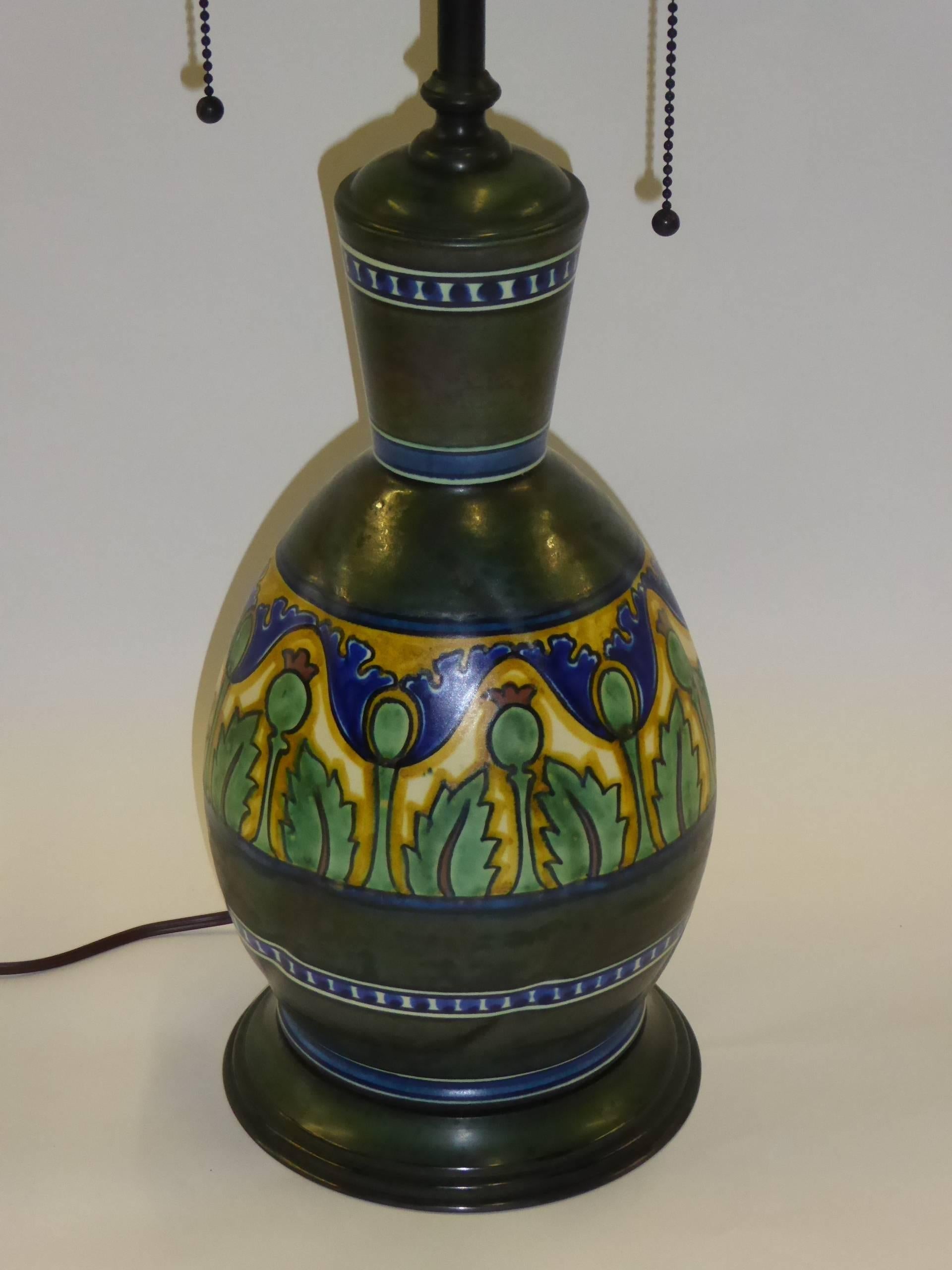 Glazed Late Teens Gouda Damascus III Pattern Art Nouveau Vase as Lamp PZH Holland