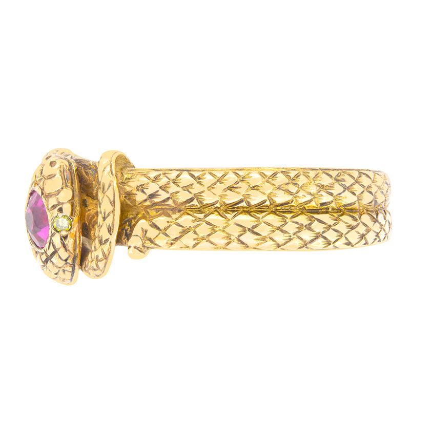 Old Mine Cut Late Victorian 0.25ct Diamond and Ruby Snake Ring, c.1880s For Sale
