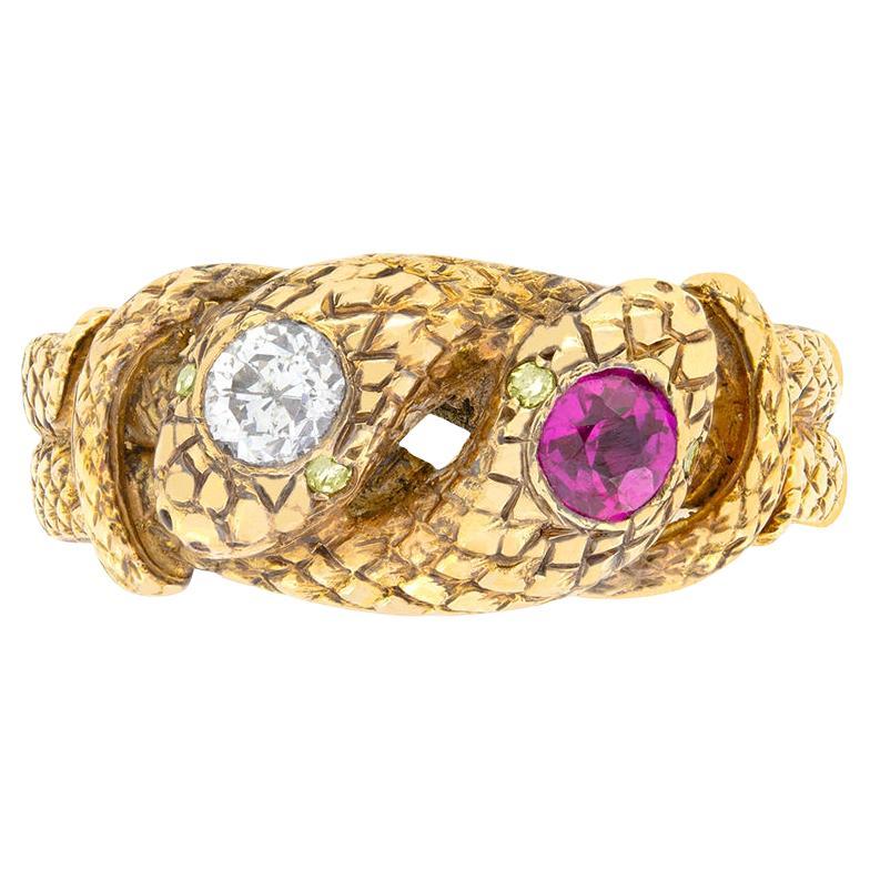 Late Victorian 0.25ct Diamond and Ruby Snake Ring, c.1880s For Sale