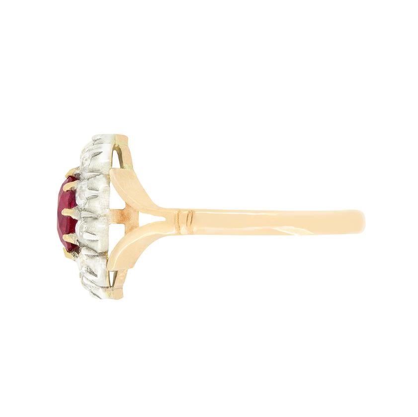 Oval Cut Late Victorian 0.90ct Red Spinel and Diamond Cluster Ring, c.1900s For Sale