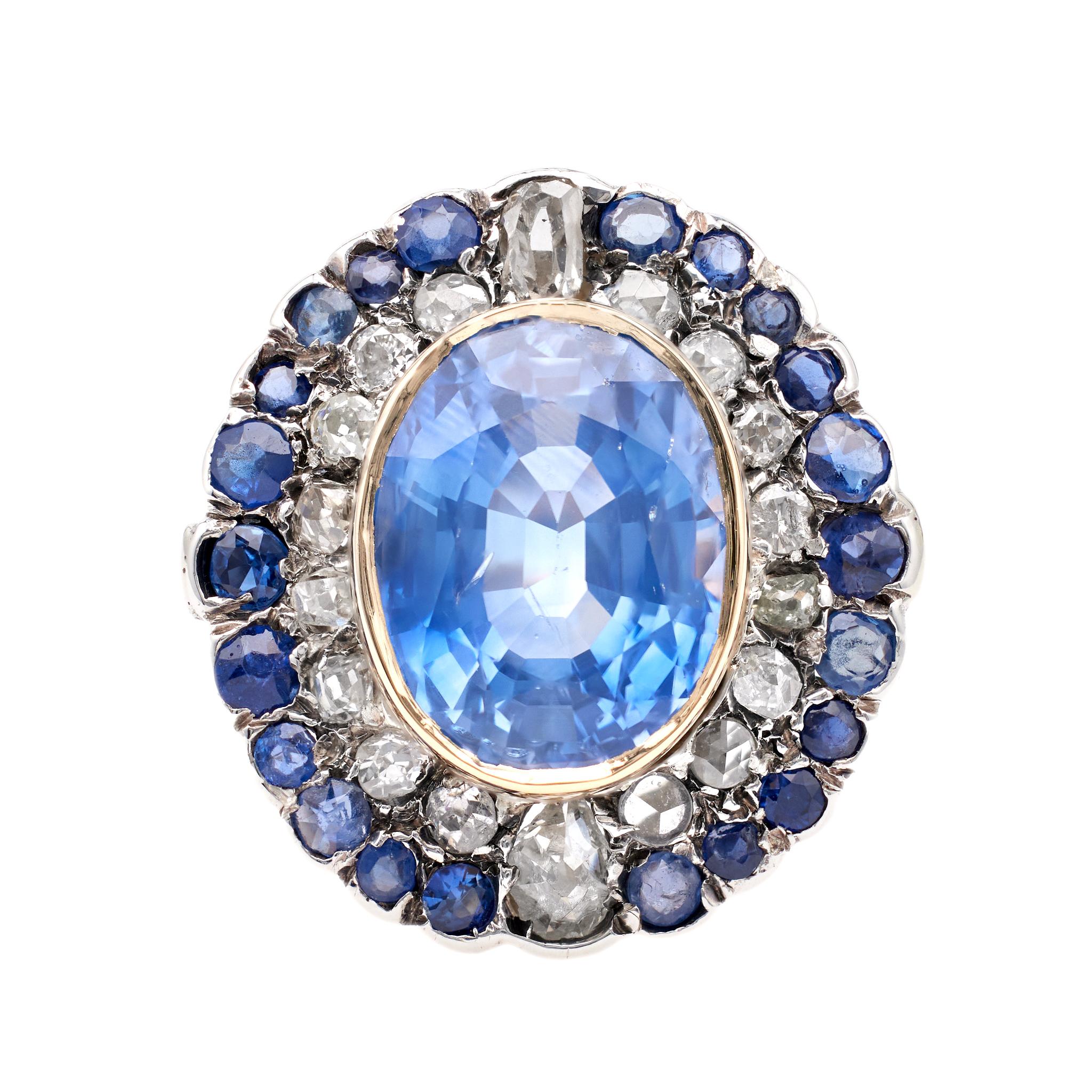 Late Victorian 10.07 Carat Sapphire and Diamond Silver 10k White Gold Cluster Ri For Sale