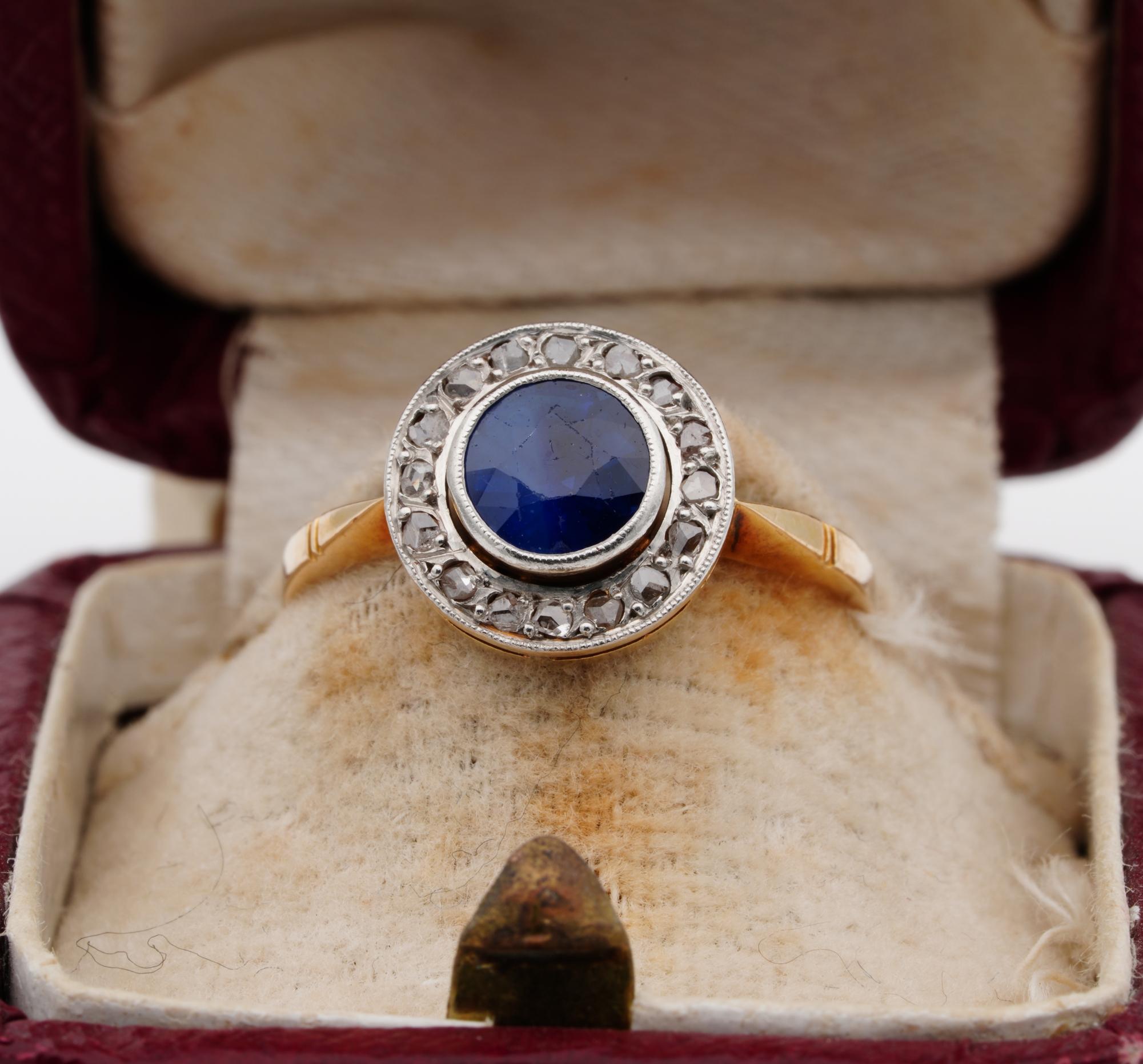 Lovely Target

This antique Victorian /Edwardian ring dates 1900 ca
Prettiest Target design most beloved during that time of solid 18 Kt gold with Silver top for the Diamonds
A true charmer of that period pointed by a Natural Blue – not treated