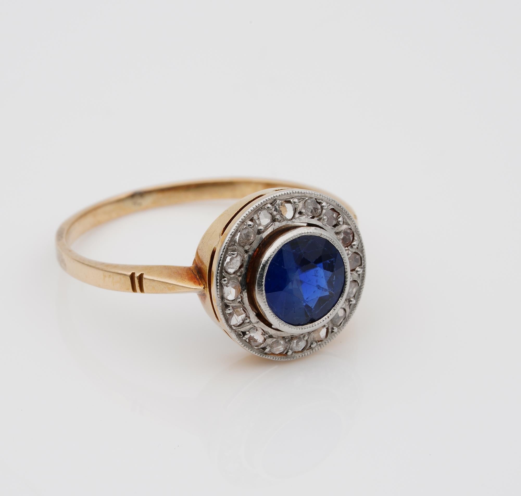 Round Cut Late Victorian 1.15 Carat Natural Sapphire Rose Cut Diamond Target Ring For Sale