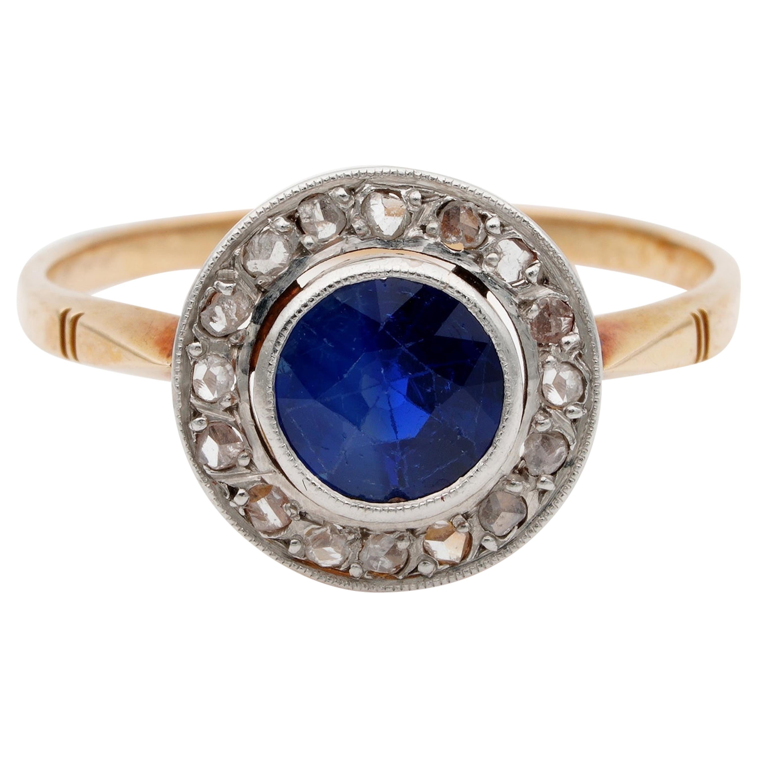 Late Victorian 1.15 Carat Natural Sapphire Rose Cut Diamond Target Ring For Sale