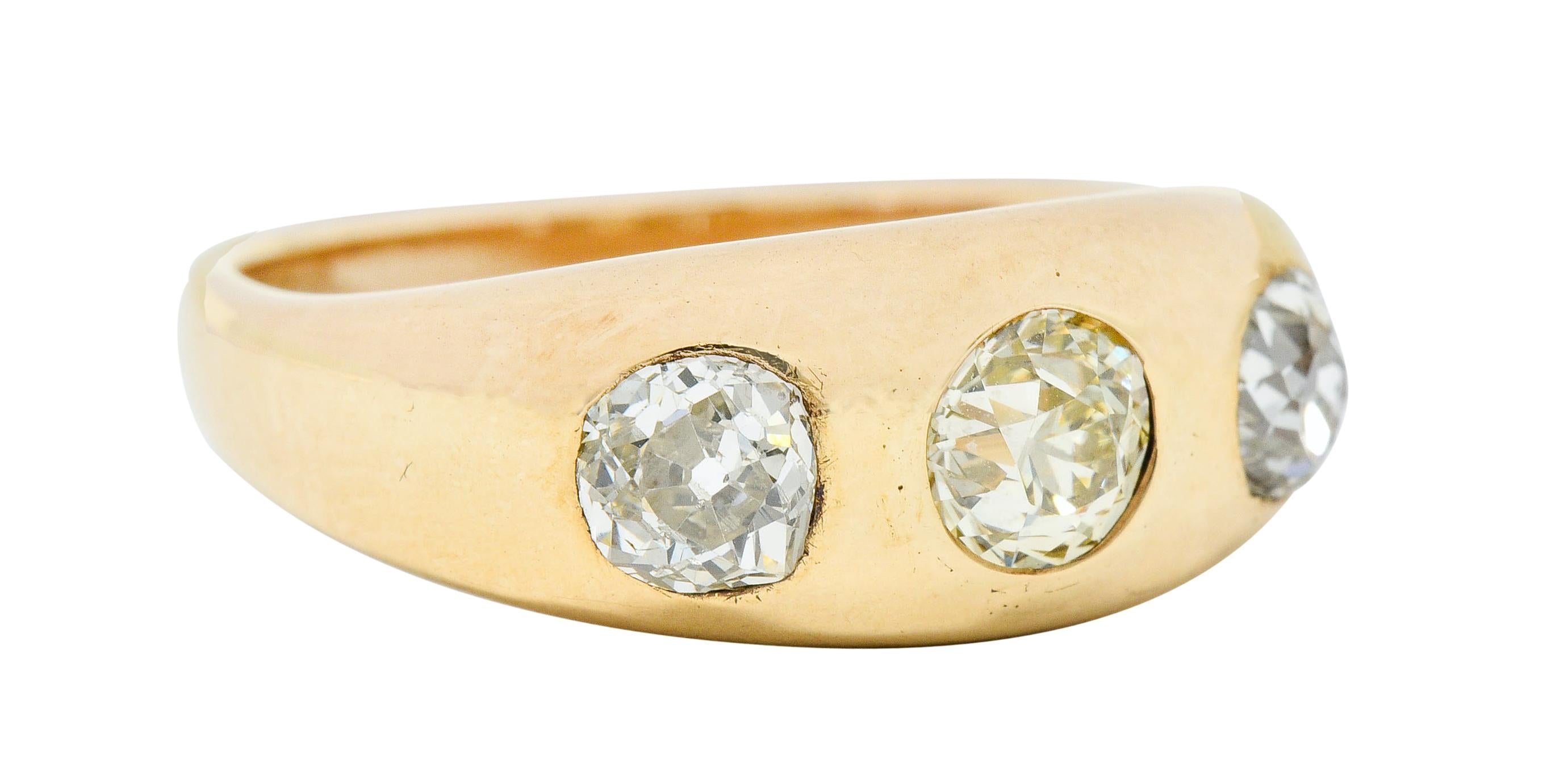 Gypsy style band ring with three old European cut diamonds

Centering an old European cut diamond that weighs approximately 0.56 carat with light yellow color and VS clarity

Flanked by two old mine cut diamonds weighing in total approximately 0.70