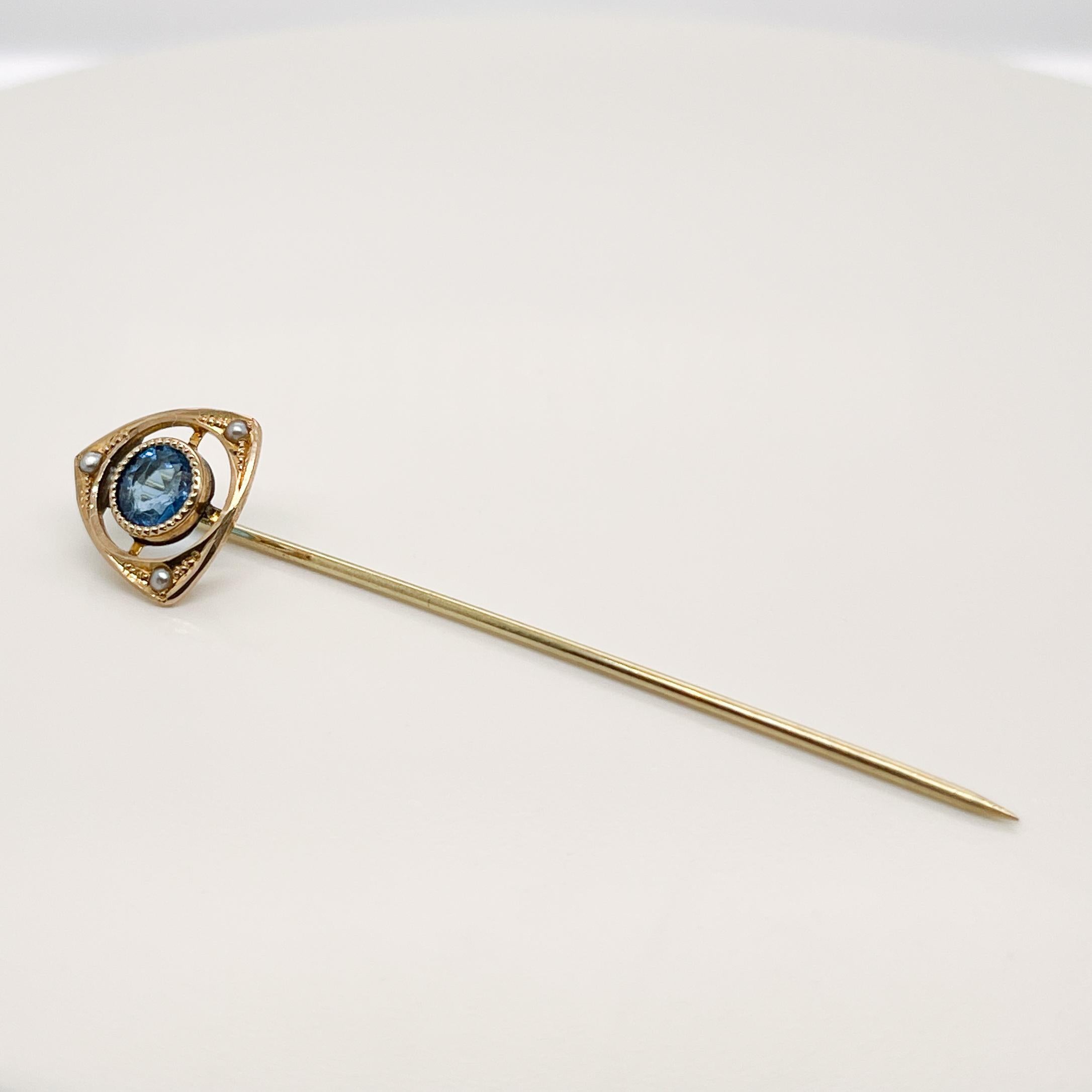 Round Cut Late Victorian 14 Karat Gold, Glass & Seed Pearl Stick Pin