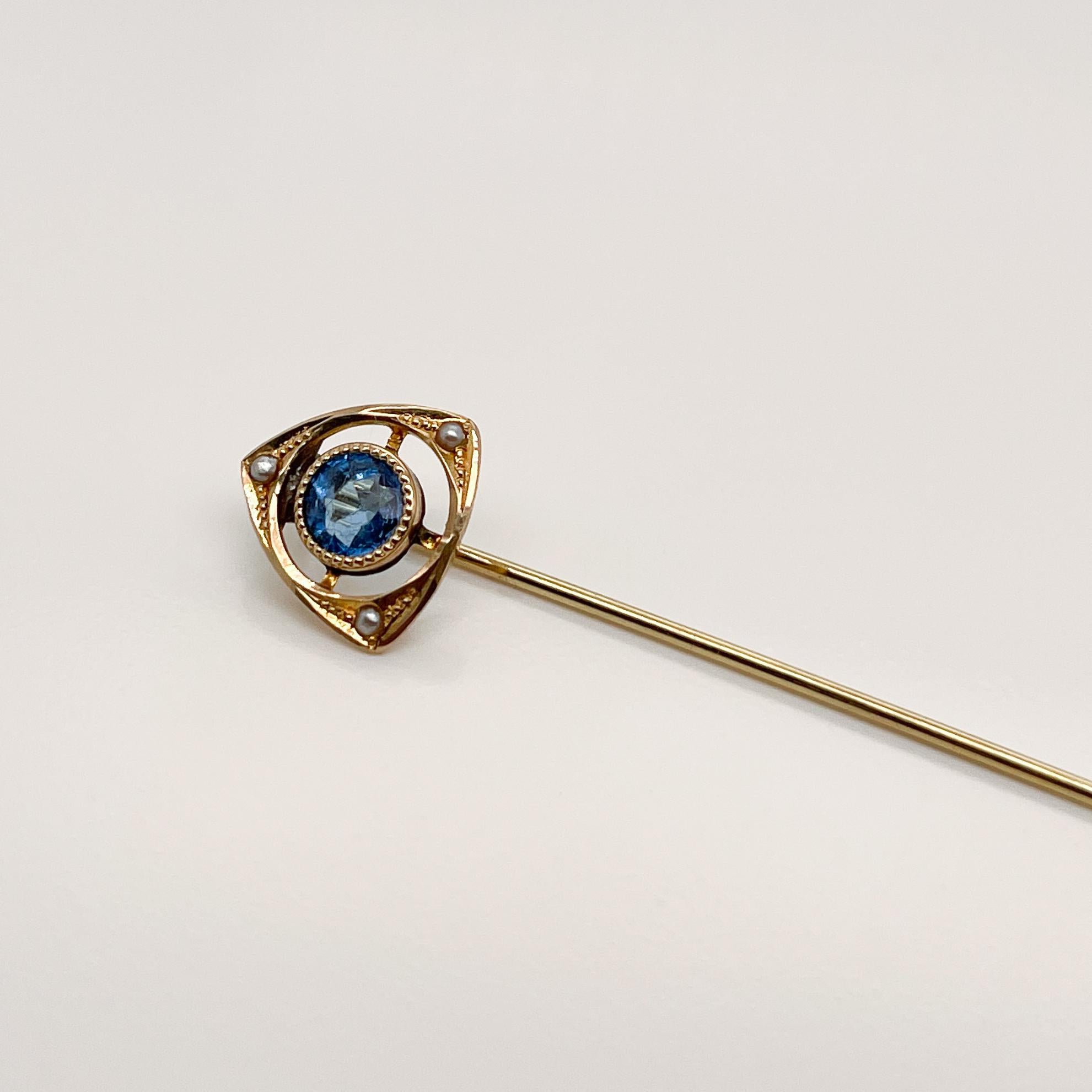 Women's or Men's Late Victorian 14 Karat Gold, Glass & Seed Pearl Stick Pin