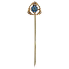Antique Late Victorian 14 Karat Gold, Glass & Seed Pearl Stick Pin