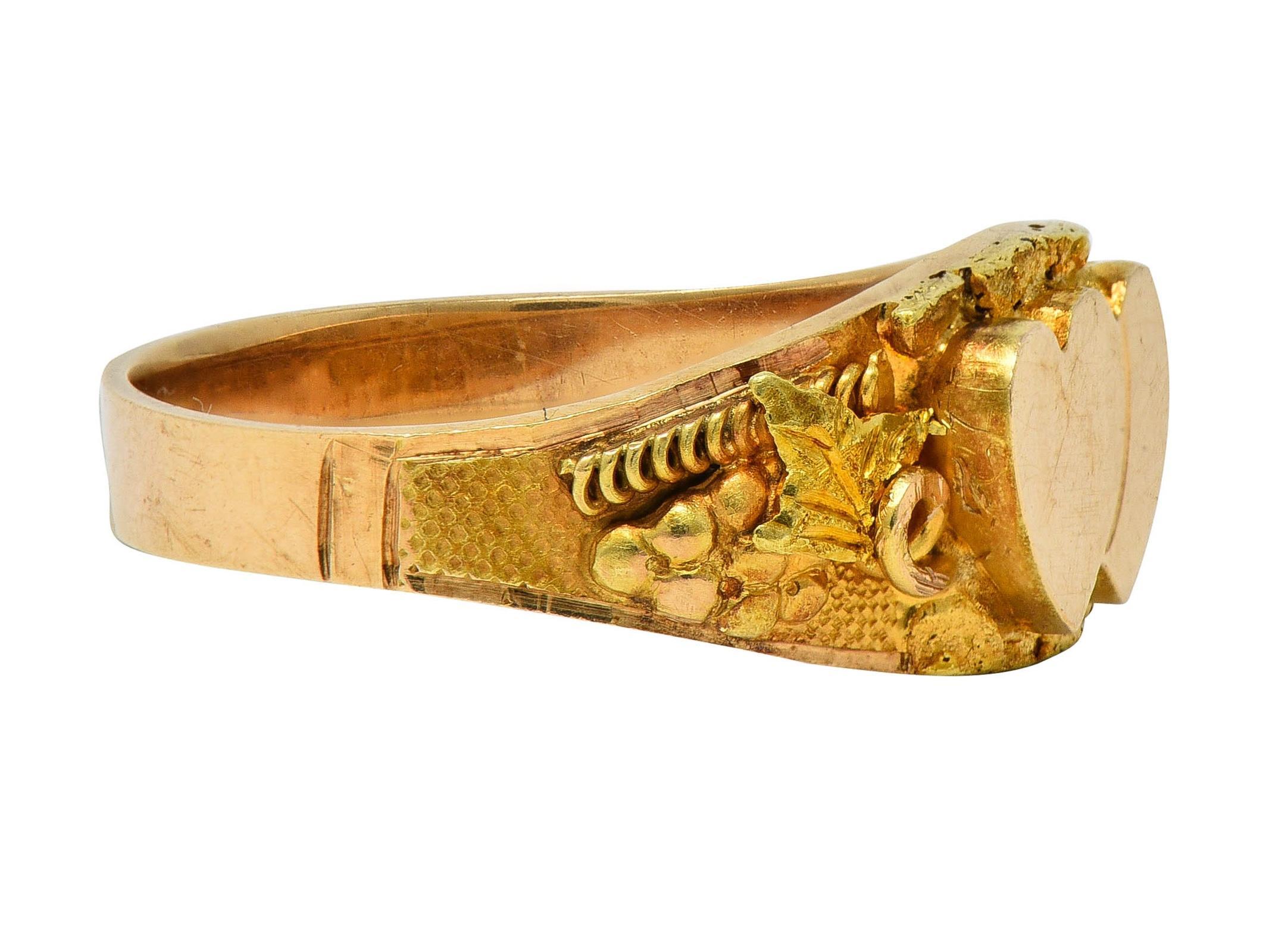 Women's or Men's Late Victorian 14 Karat Gold Nugget Grapevine Sweetheart Antique Signet Ring For Sale