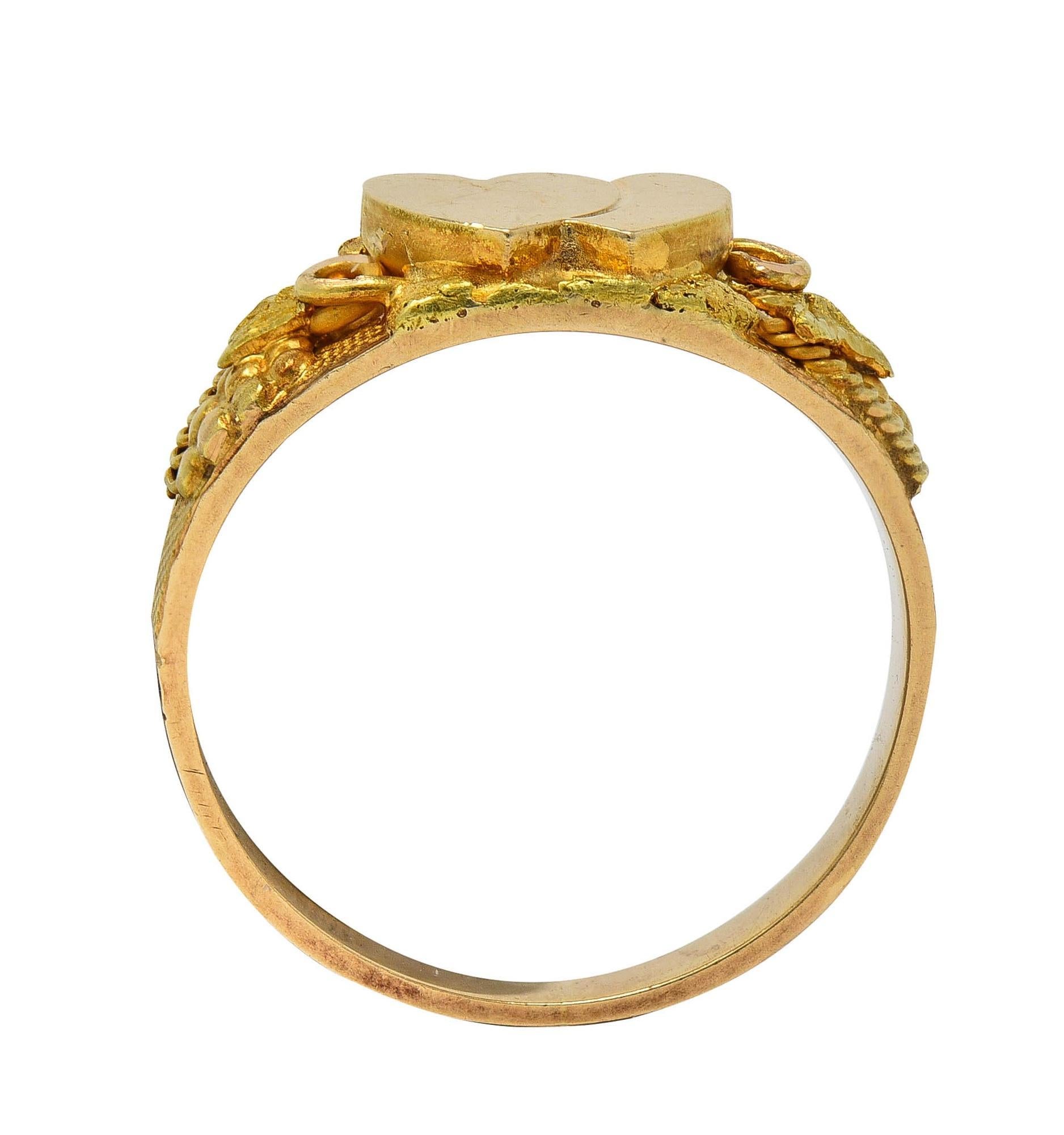 Late Victorian 14 Karat Gold Nugget Grapevine Sweetheart Antique Signet Ring For Sale 2