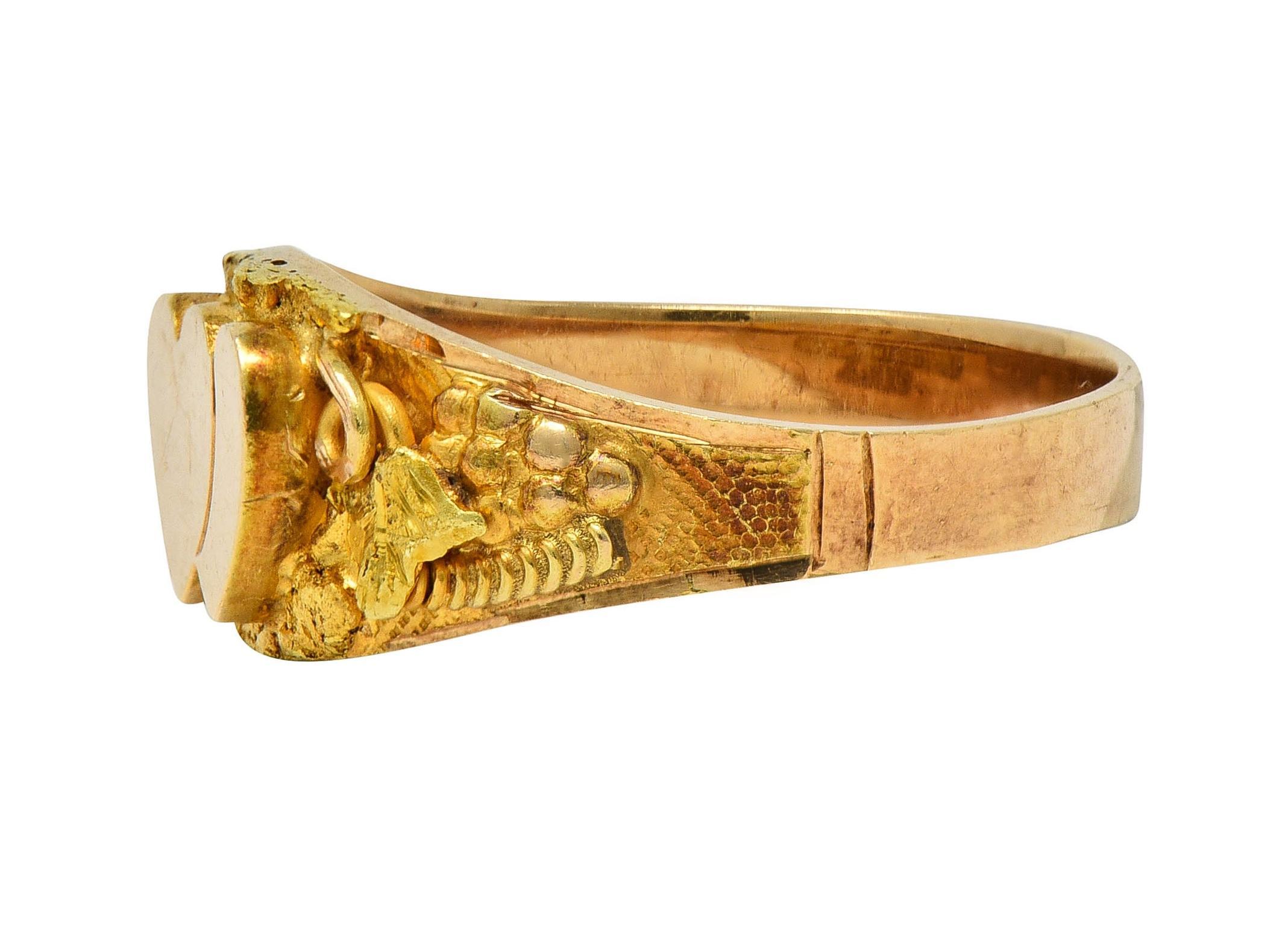 Late Victorian 14 Karat Gold Nugget Grapevine Sweetheart Antique Signet Ring For Sale 3