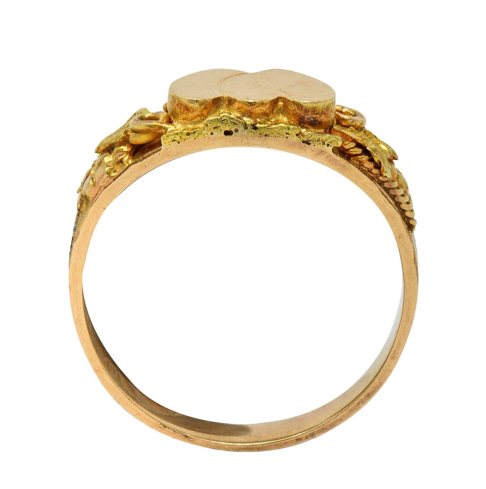 Late Victorian 14 Karat Gold Nugget Grapevine Sweetheart Antique Signet Ring For Sale 4