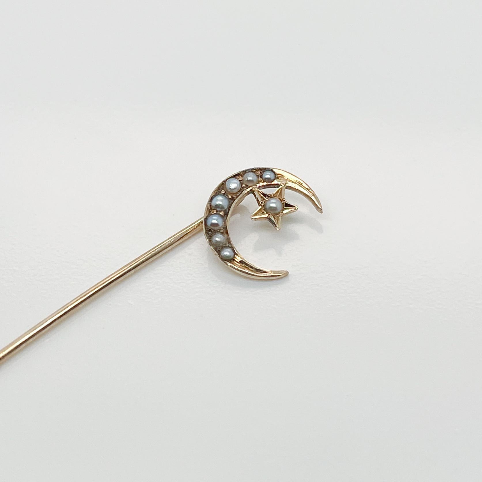 Round Cut Late Victorian 14 Karat Gold & Seed Pearl Stick Pin