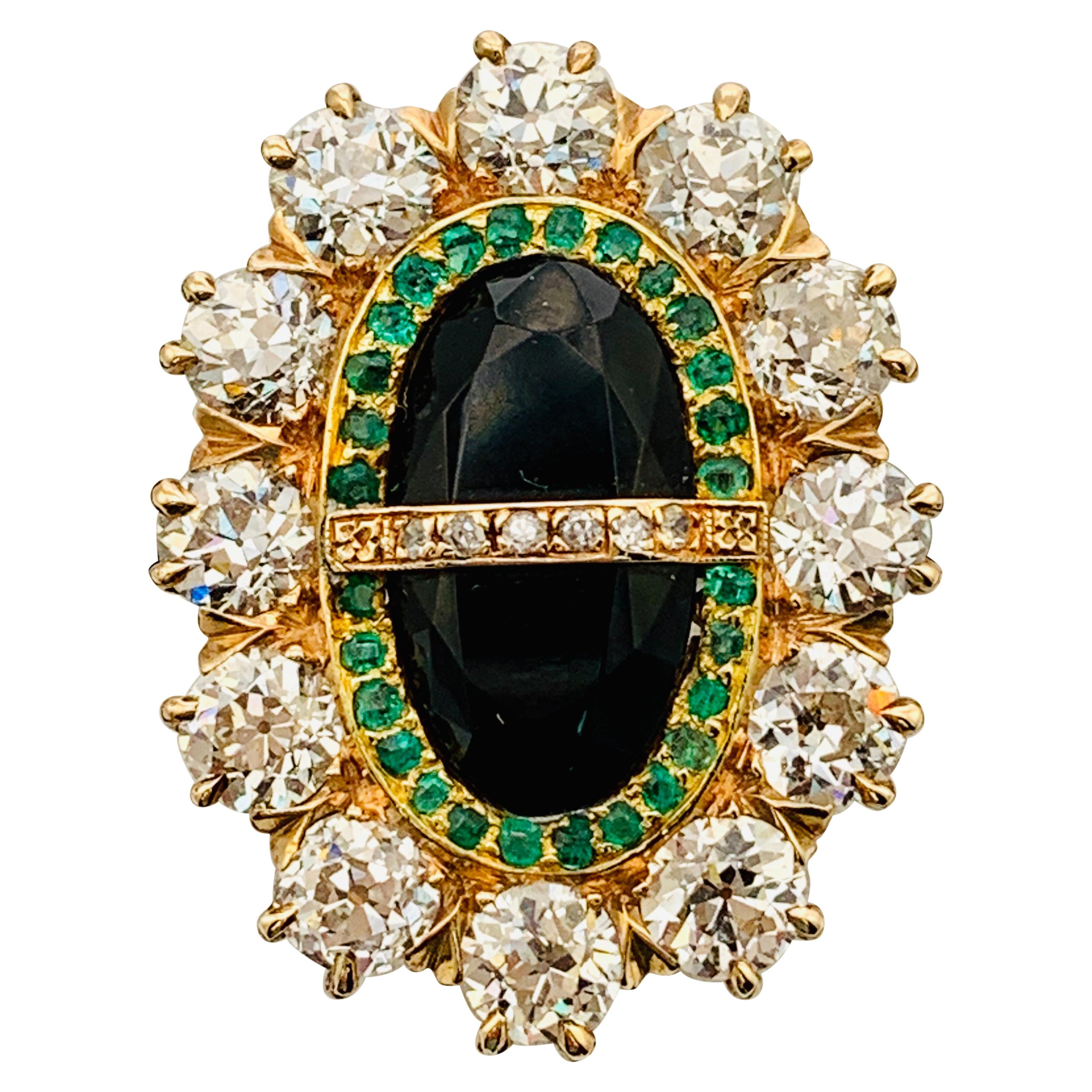 Late Victorian 14 Karat Yellow Gold, Diamond, Onyx and Emerald Oval Ladies Ring