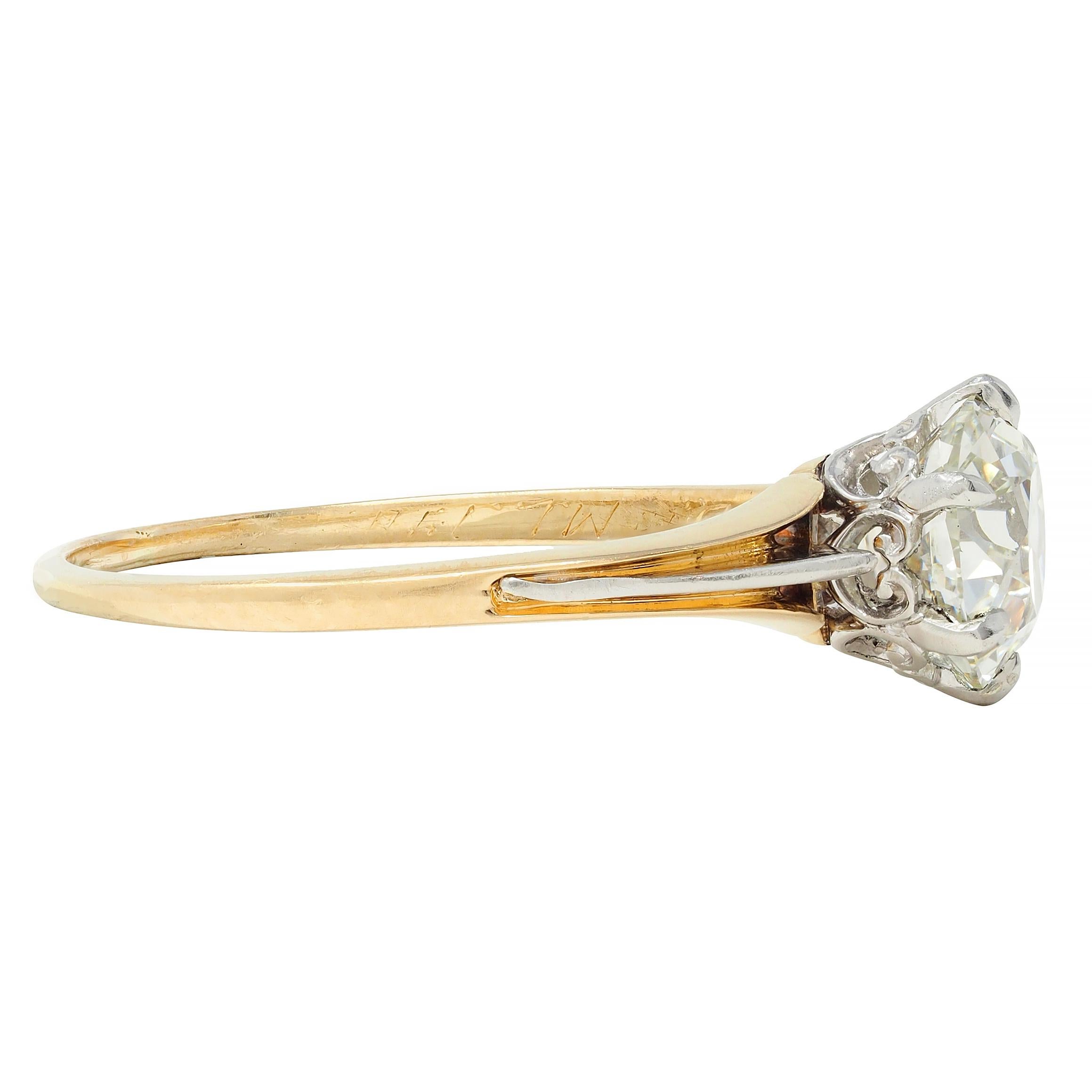 Spätviktorianischer 1,46 CTW Old Mine Diamant Platin 14 Karat Gold Verlobungsring im Zustand „Hervorragend“ in Philadelphia, PA