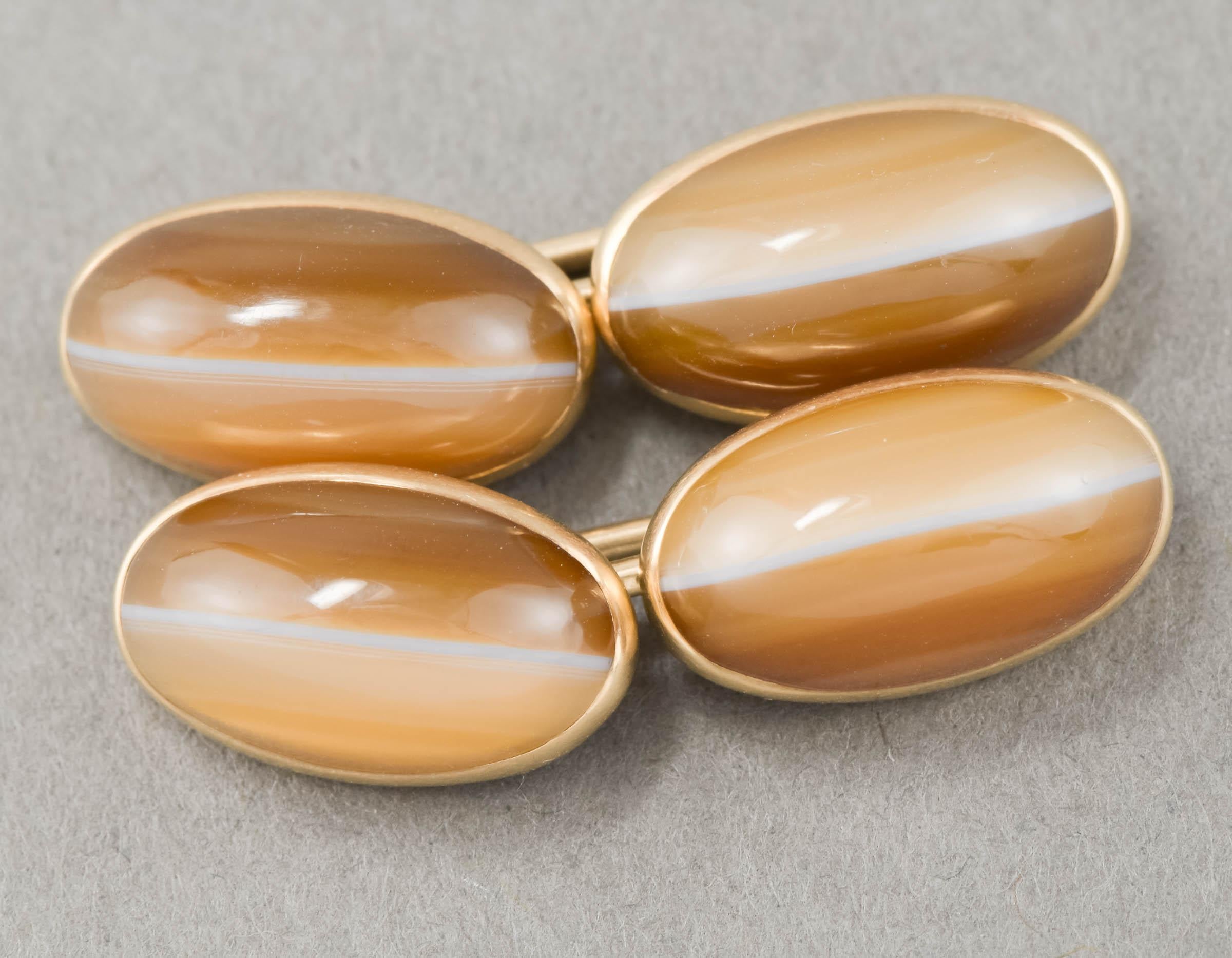 Offered is an elegant and very classic pair of late Victorian 14K gold banded agate cufflinks.

With a total of 4 high dome cabochons in closed back gold settings, the banded agates are far prettier than photos can capture.  They have a warmth and