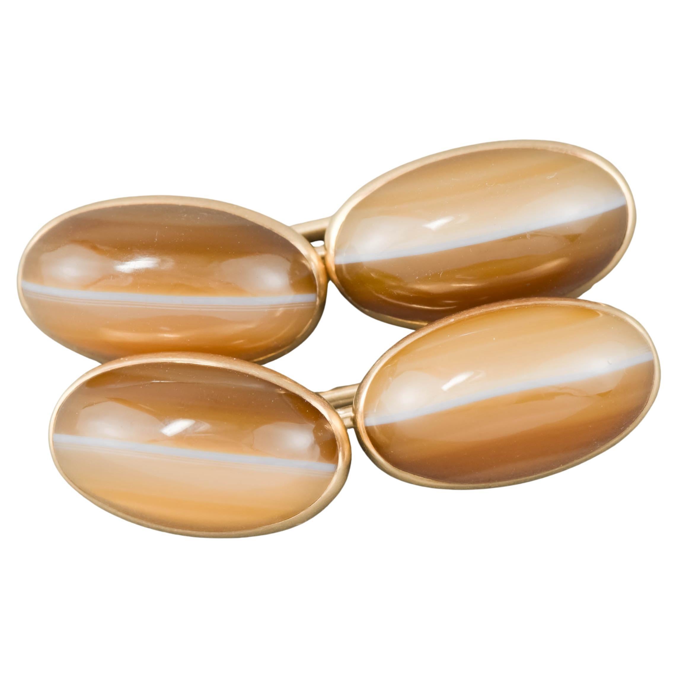Late Victorian 14K Gold Banded Agate Cufflinks For Sale