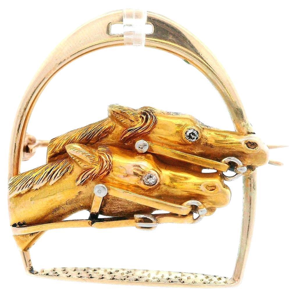 Late Victorian 14k Yellow Gold and Diamond Horse + Stirrup Pin