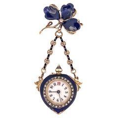 Late Victorian 14k Yellow Gold Blue Enamel & Diamond Detachable Watch Pin