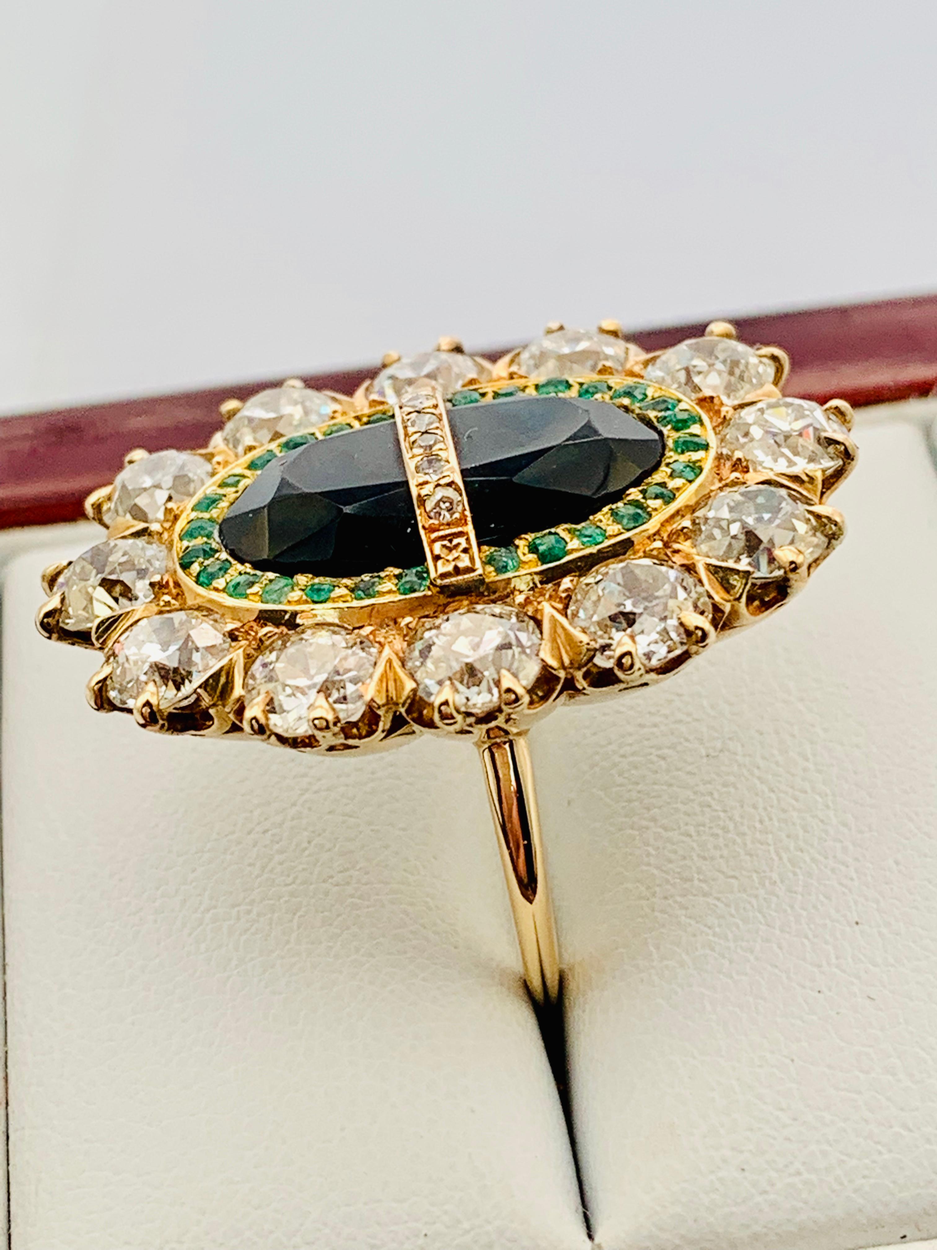Late Victorian 14 Karat Yellow Gold, Diamond, Onyx and Emerald Oval Ladies Ring 3