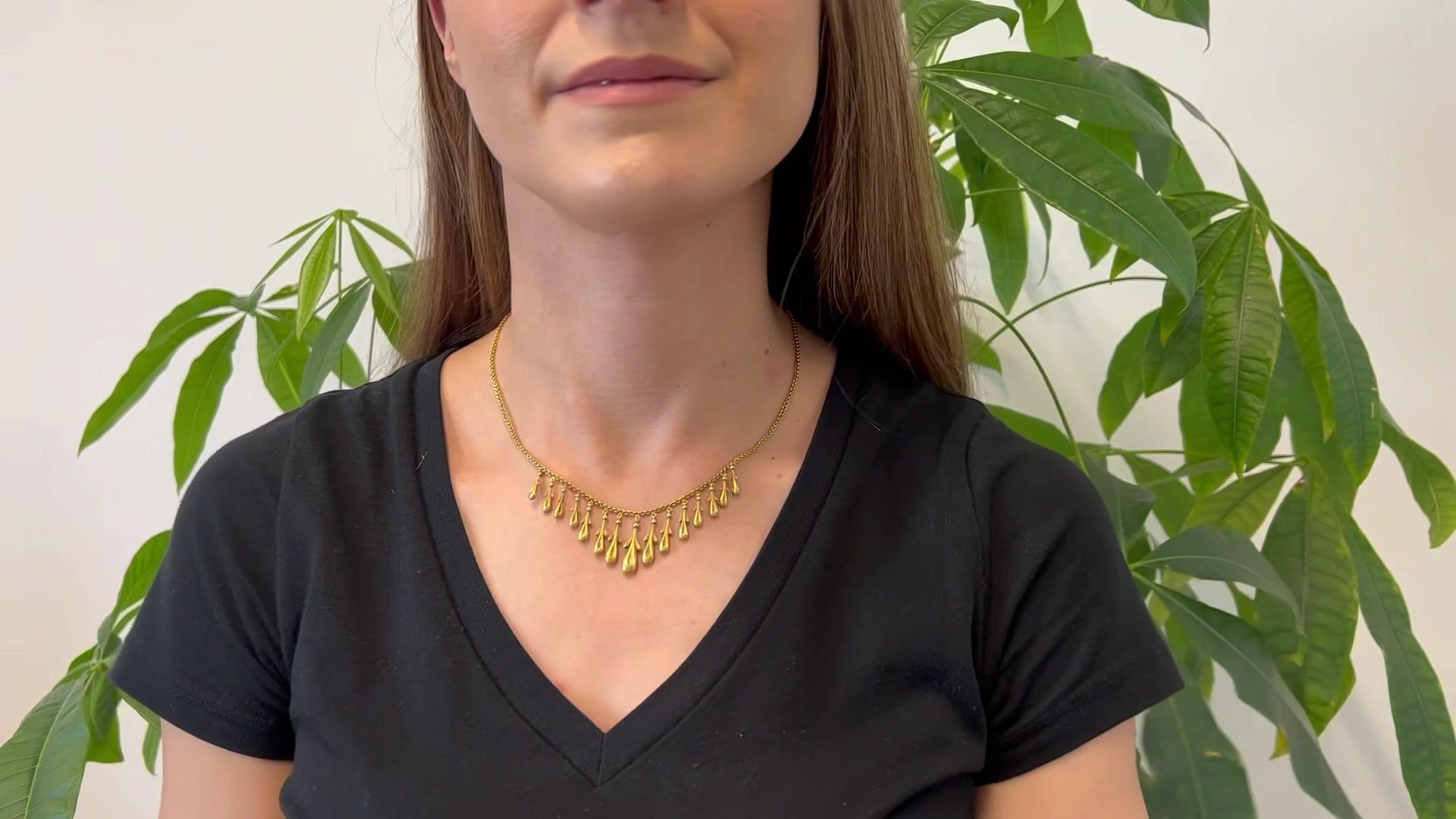 One Late Victorian 14k Yellow Gold Drop Fringe Necklace. Crafted in 14 karat yellow gold with purity marks, weighing 11.57 grams. Circa 1890. The necklace is 17 inches in length. 

About this Item: Evoking the elegance of the Late Victorian era,
