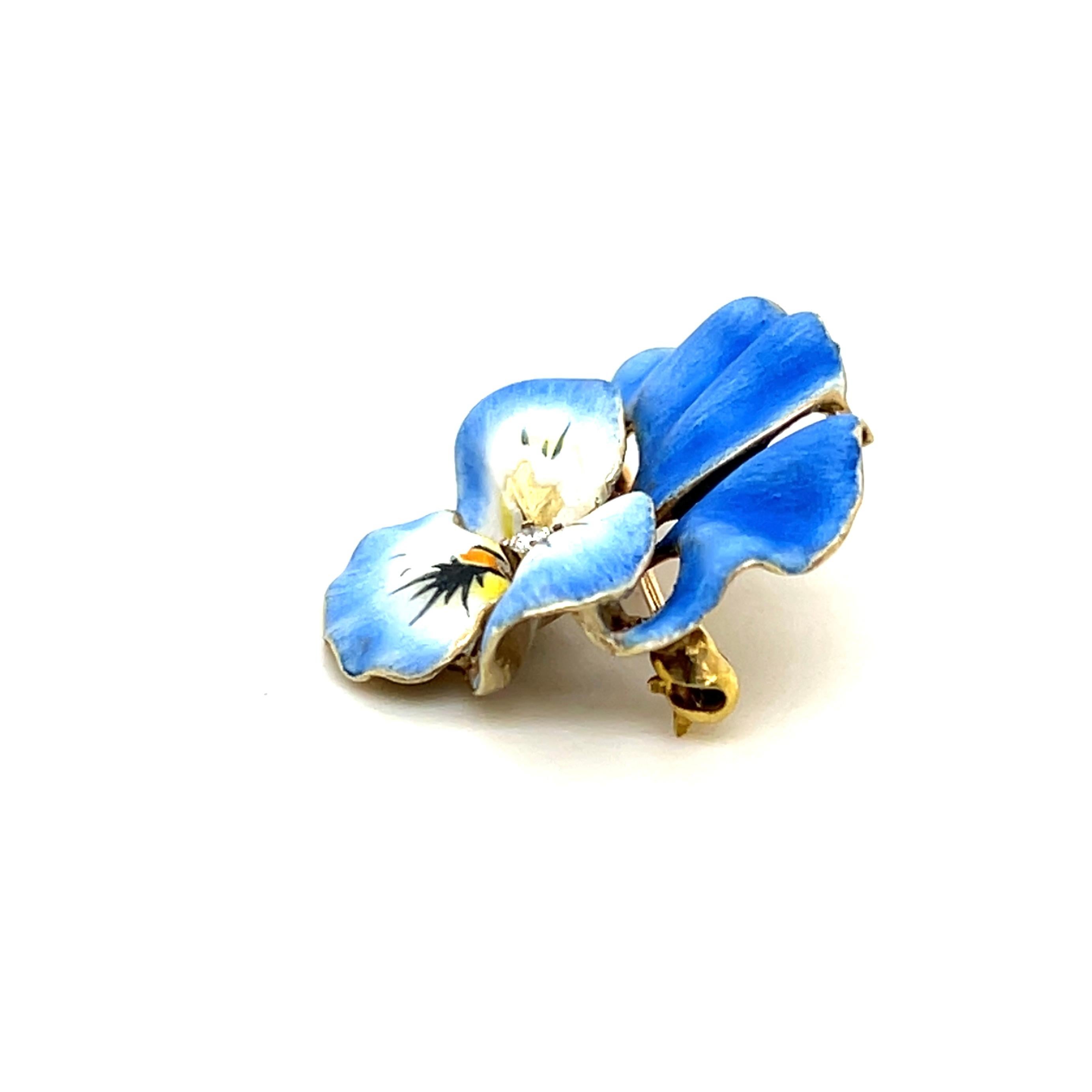 Late Victorian 14k Yellow Gold Enamel & Paste Blue Pansy Brooch 1890s For Sale 6