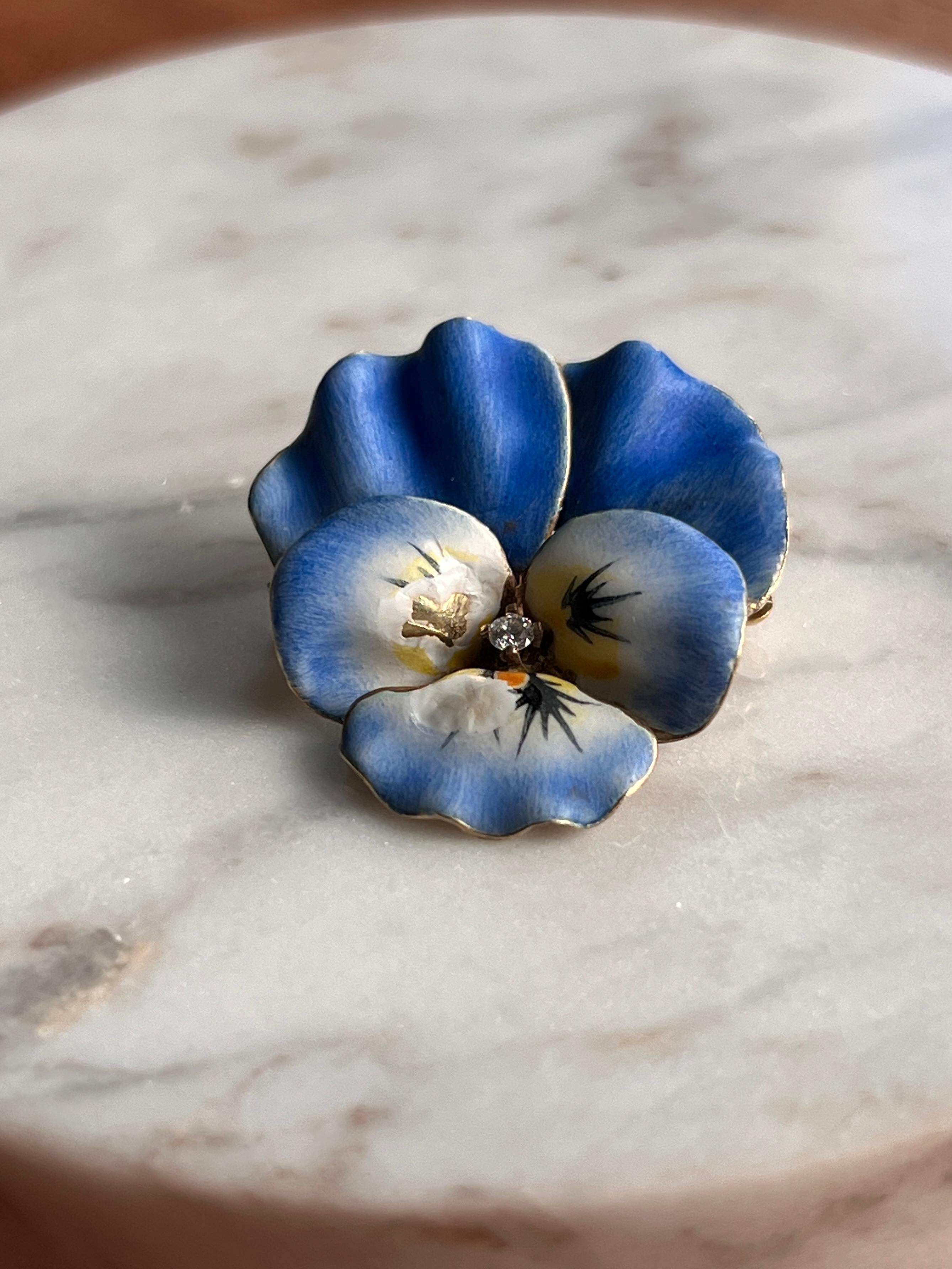 Late Victorian 14k Yellow Gold Enamel & Paste Blue Pansy Brooch 1890s In Good Condition For Sale In Towson, MD