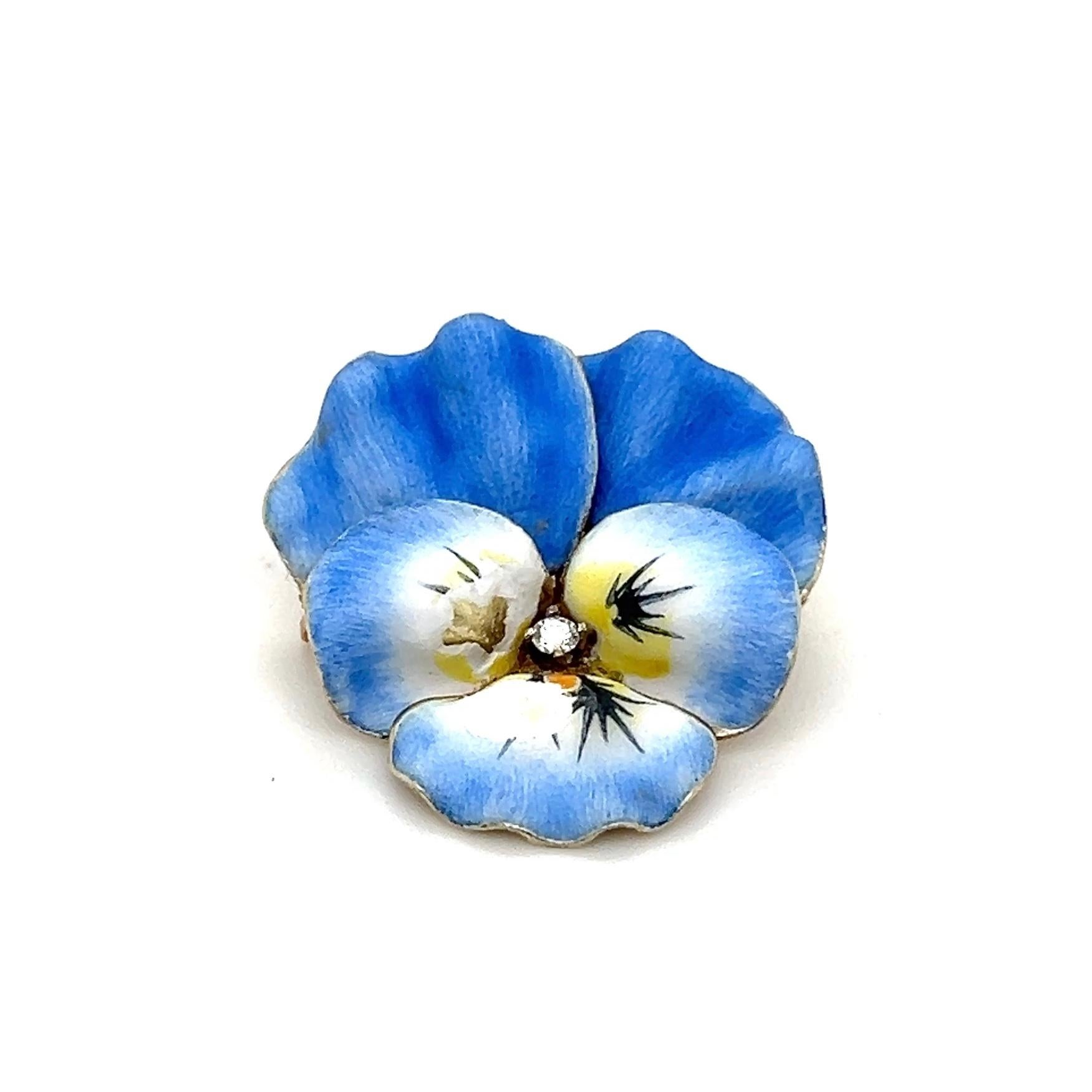 Late Victorian 14k Yellow Gold Enamel & Paste Blue Pansy Brooch 1890s For Sale 2