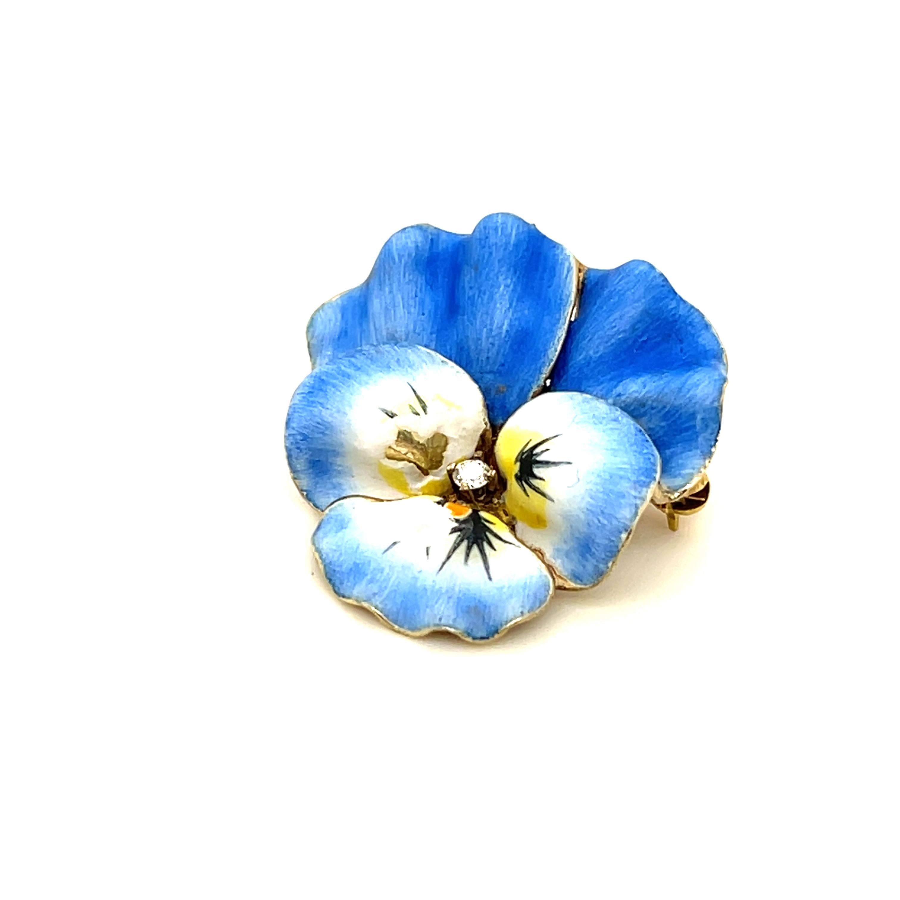 Late Victorian 14k Yellow Gold Enamel & Paste Blue Pansy Brooch 1890s For Sale 3
