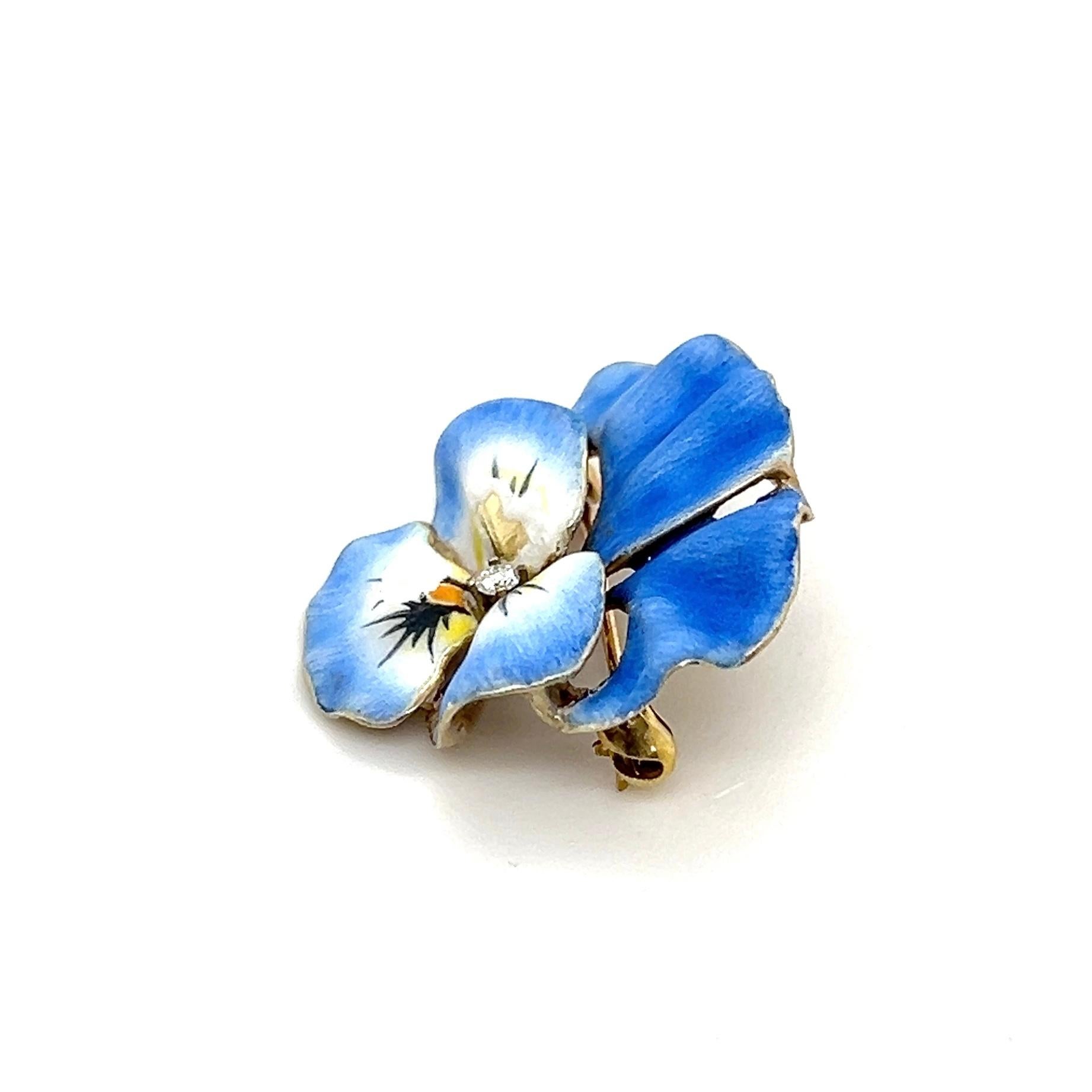 Late Victorian 14k Yellow Gold Enamel & Paste Blue Pansy Brooch 1890s For Sale 4