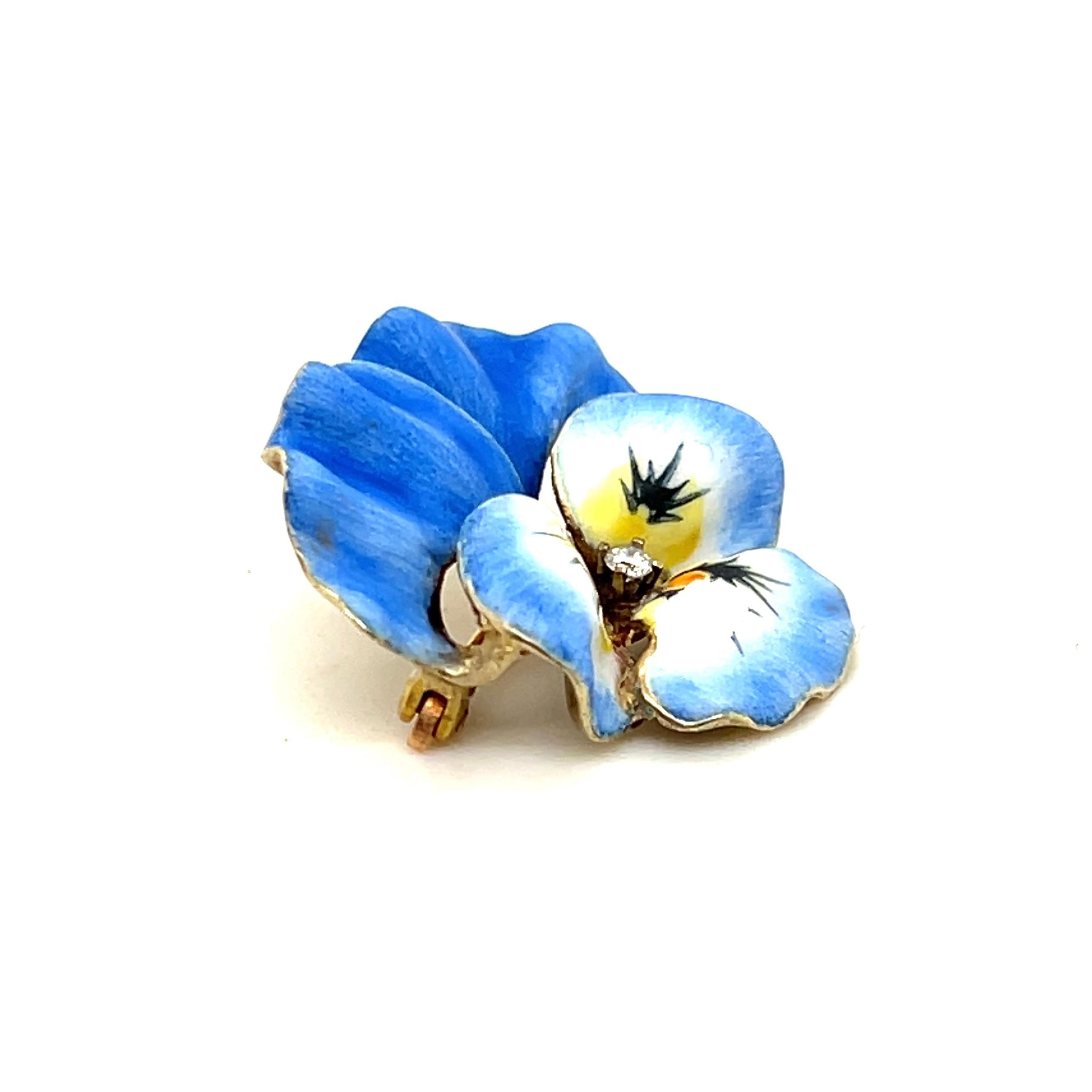 Late Victorian 14k Yellow Gold Enamel & Paste Blue Pansy Brooch 1890s For Sale 5