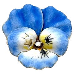 Late Victorian 14k Yellow Gold Enamel & Paste Blue Pansy Brooch 1890s