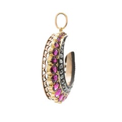 Late Victorian 15k Yellow Gold, Silver, Diamond and Ruby Crescent Moon Charm