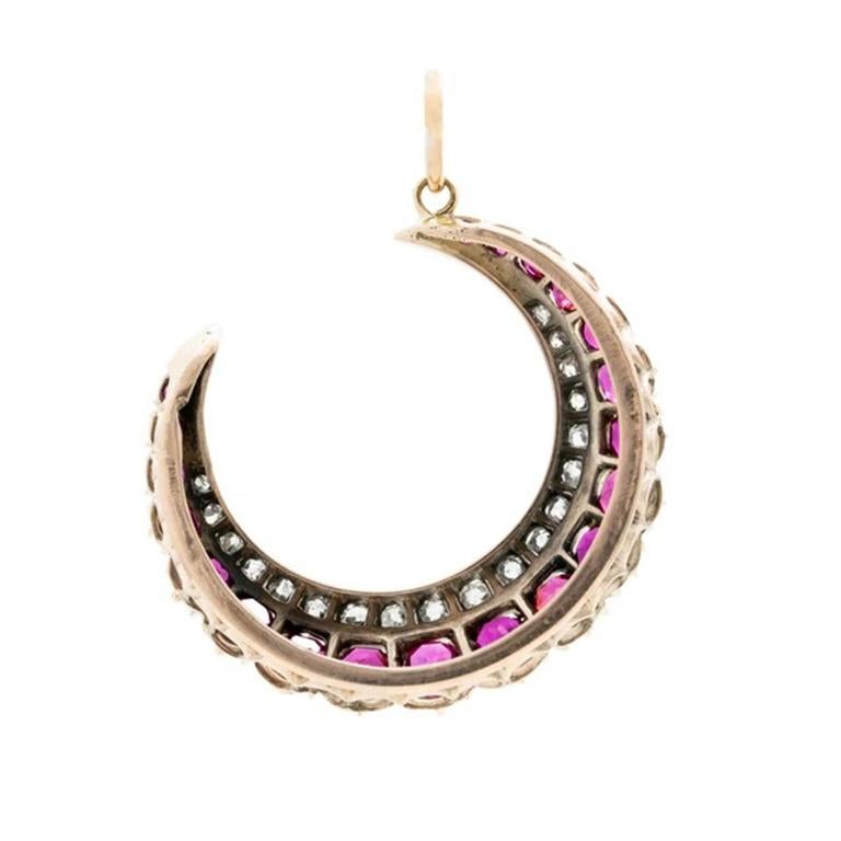 Old Mine Cut Late Victorian 15k Yellow Gold, Silver, Diamond and Ruby Crescent Moon Charm