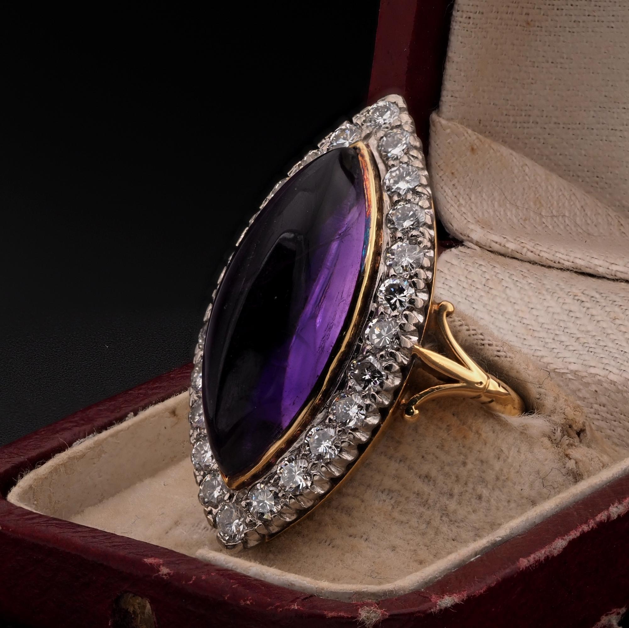 Late Victorian 16.00 Ct Amethyst 1.70 Ct Diamond Navette Ring For Sale 1
