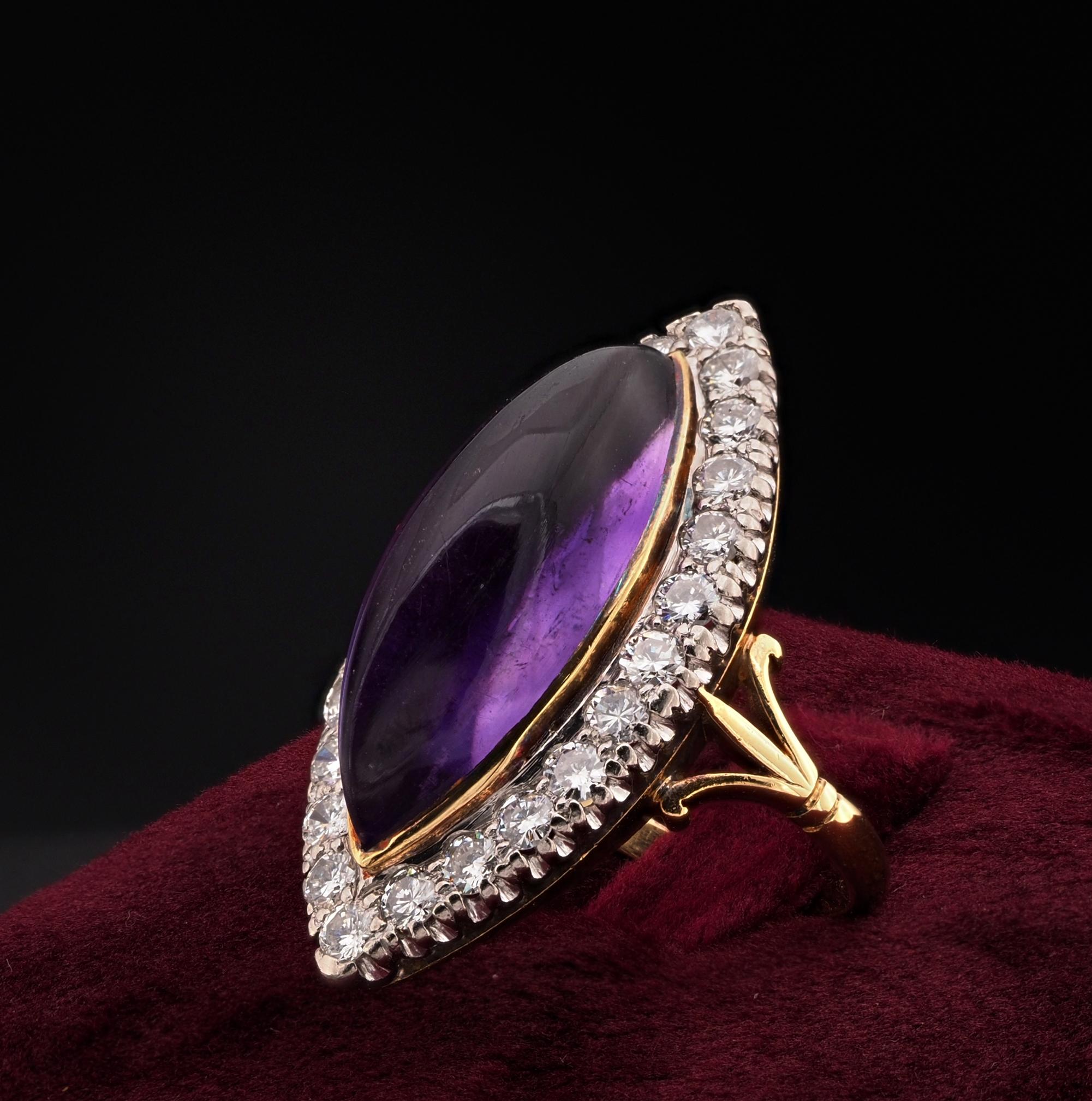 Late Victorian 16.00 Ct Amethyst 1.70 Ct Diamond Navette Ring For Sale 2