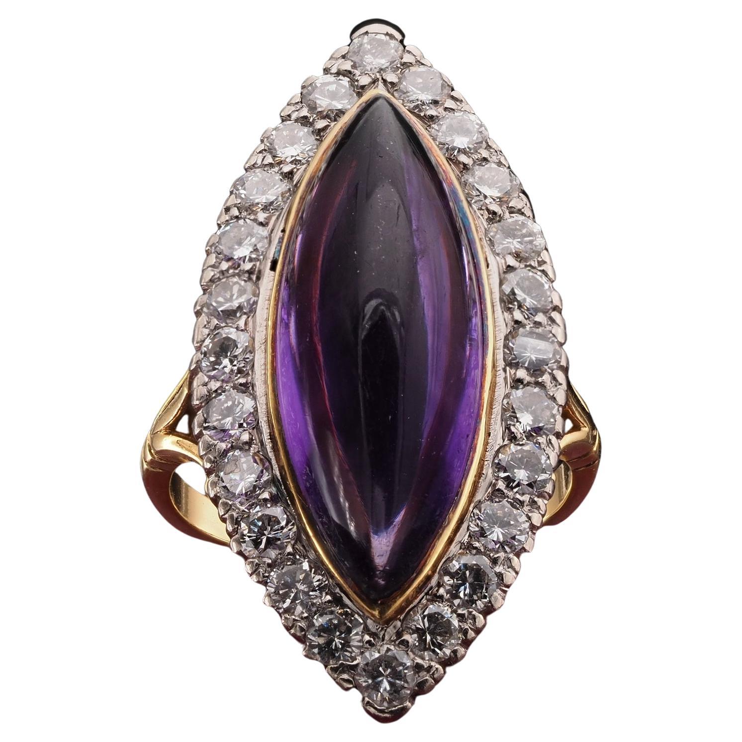 Late Victorian 16.00 Ct Amethyst 1.70 Ct Diamond Navette Ring For Sale