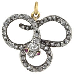 Late Victorian 18 Karat and Sterling Old Rose Cut Diamond Snake Pin/Pendant