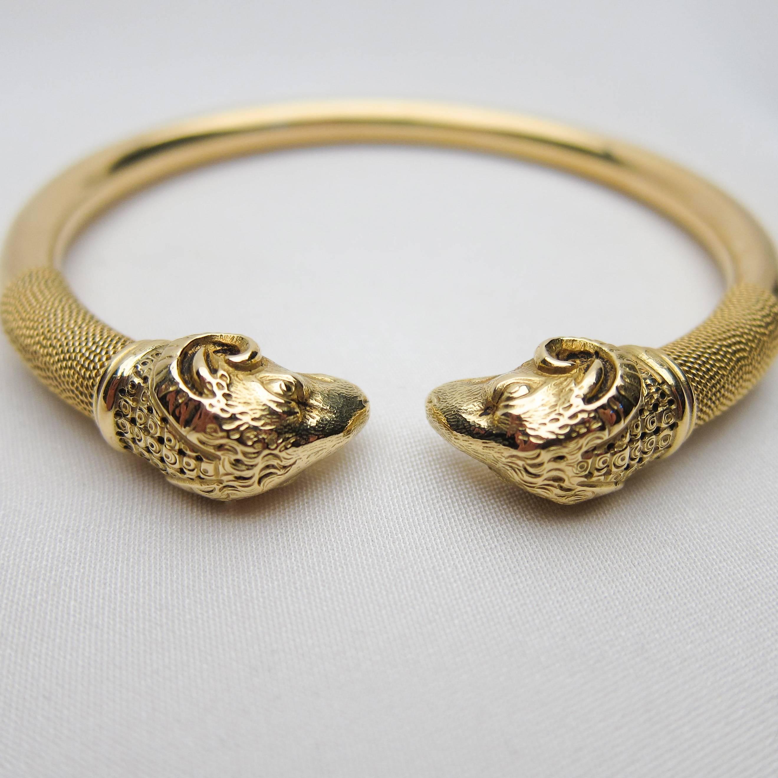 Late Victorian 18 Karat Gold Ram's Head Bangle Bracelet For Sale 1