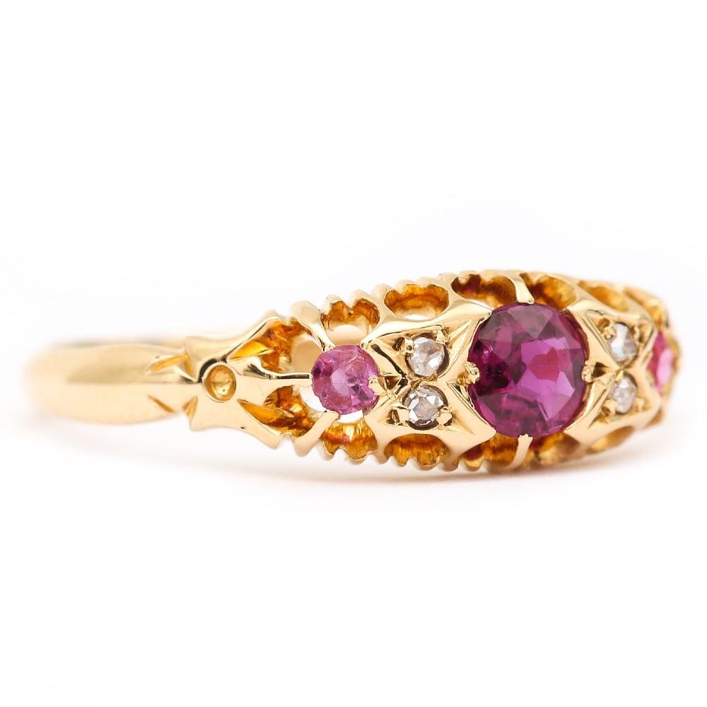 Round Cut Late Victorian 18 Karat Gold Ruby and Diamond Gypsy Ring, circa 1897, Birmingham