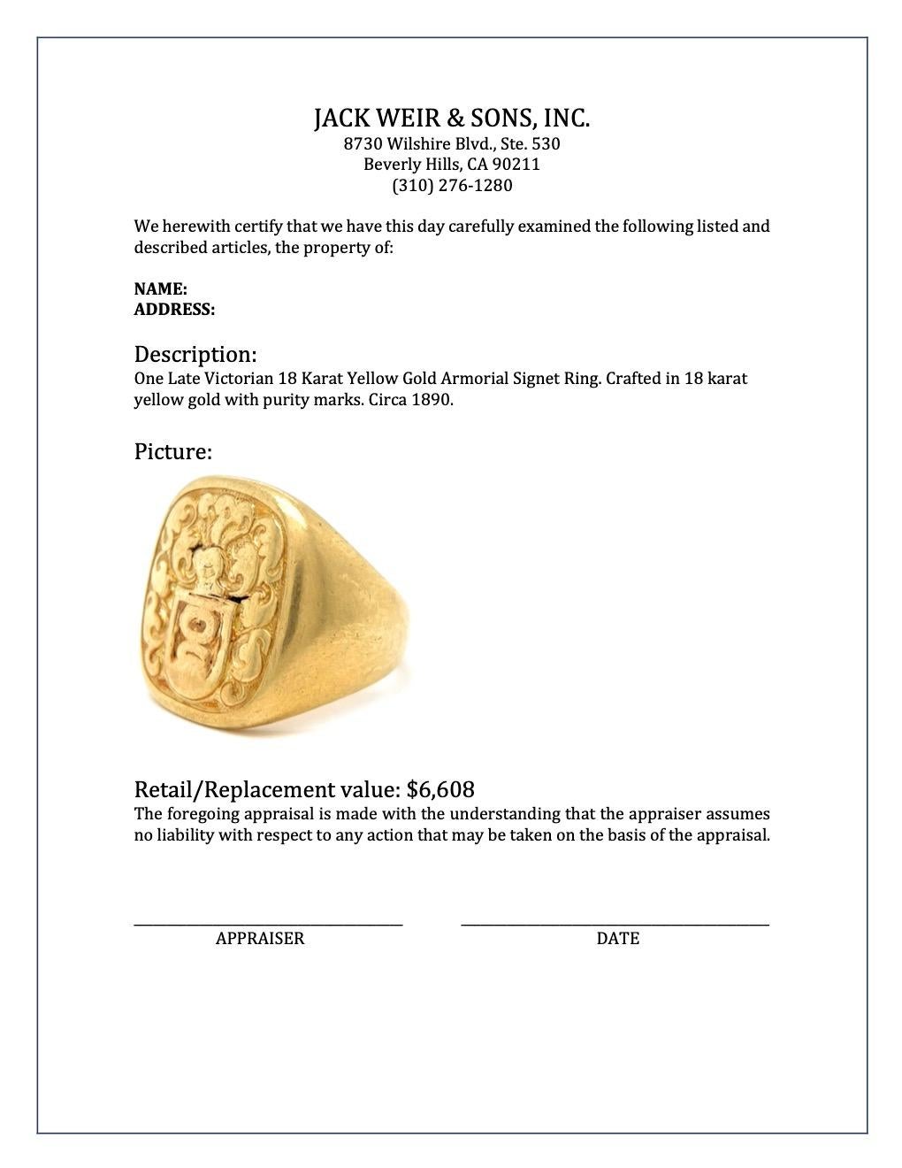 Late Victorian 18 Karat Yellow Gold Armorial Signet Ring 3